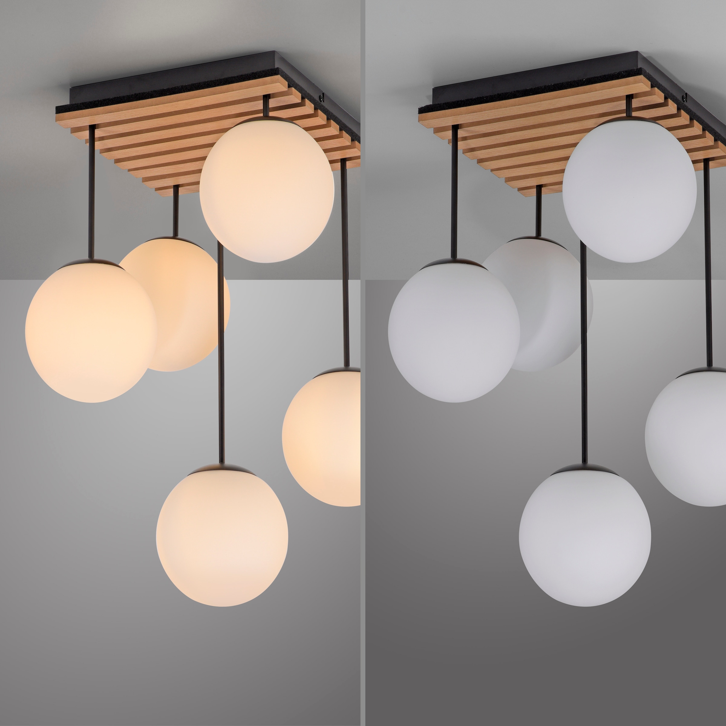 my home Deckenleuchte »Erinette Akustikpaneele mit Glaskugeln«, 5 flammig, Leuchtmittel E14 | ohne Leuchtmittel-Leuchtmittel wechselbar, Holz, Akustik, Paneele, Glas, Deckenlampe E14