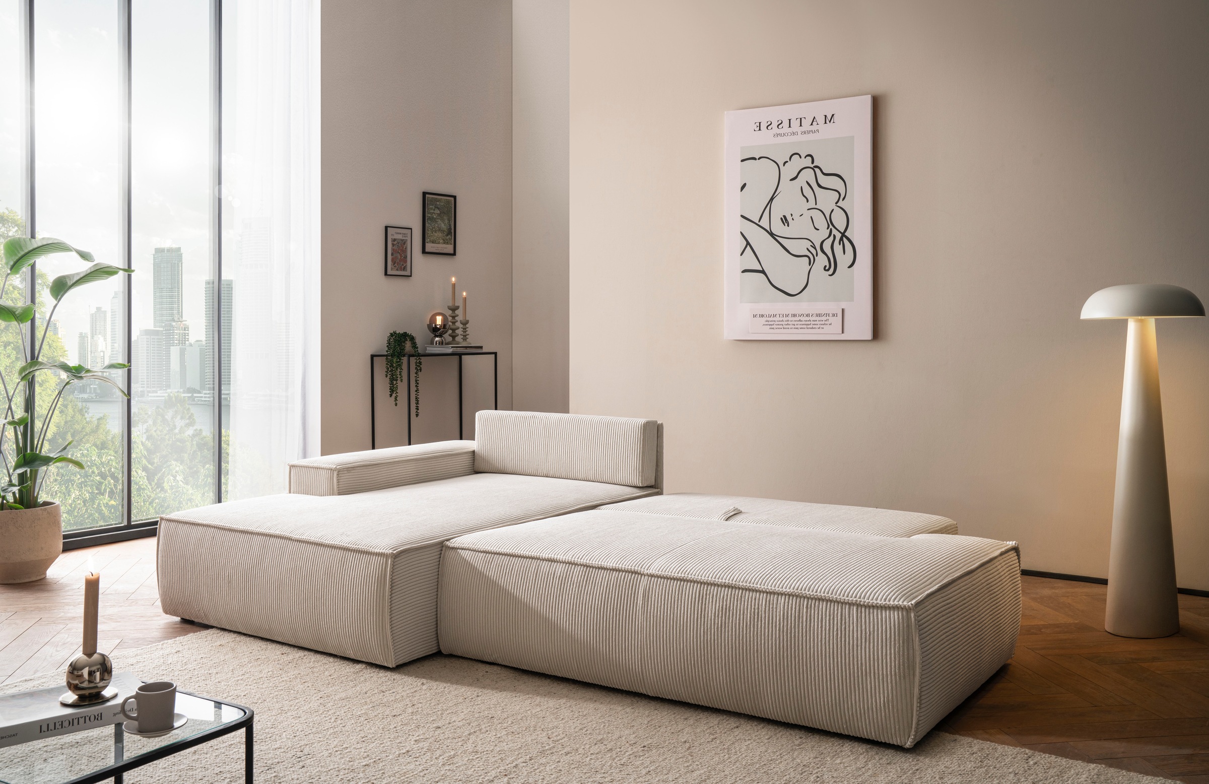 Home affaire Ecksofa »SHERWOOD, Schlafsofa in L-Form offen (275cm), Cord, Leinenoptik«, Schlaffunktion und Bettkasten, Kedernaht, hoher Sitz- & Liegekomfort