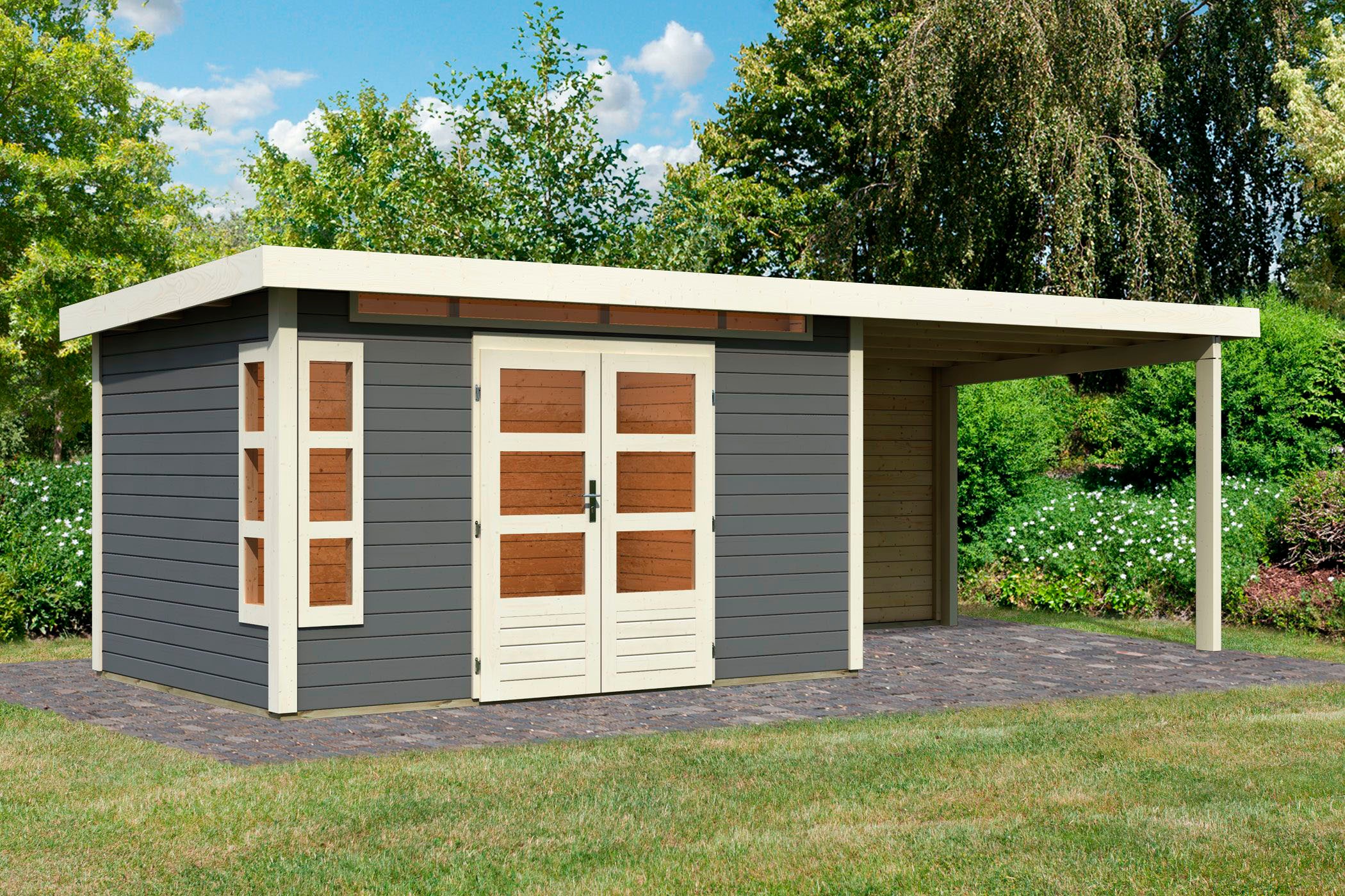 Karibu Gartenhaus »Kolimasee 7« mit Anbaudach 3,2 m, Rückwand, terragrau in grau