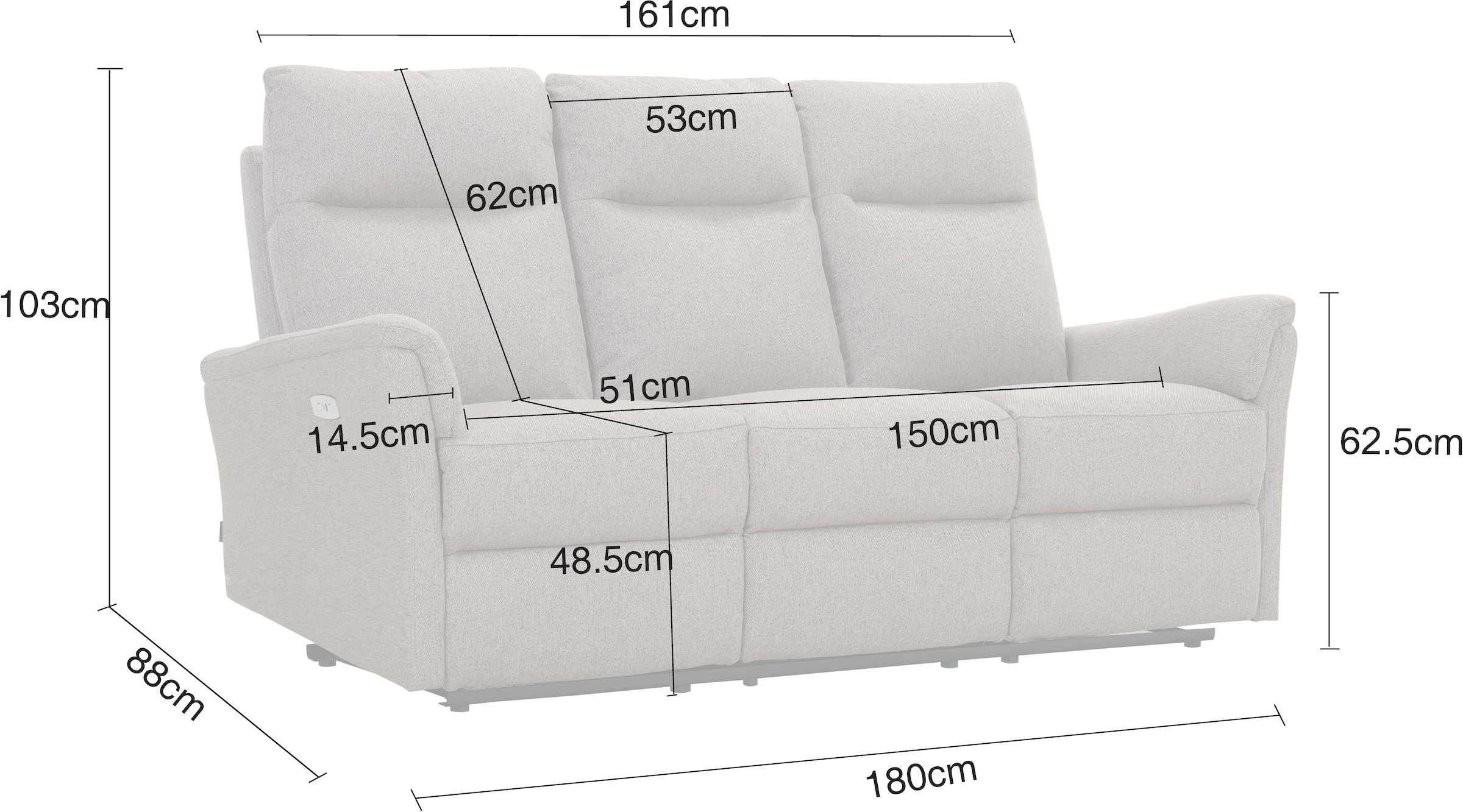 Home affaire 3-Sitzer »FINNARA, 3-Sitzer,elelektrische Relaxfunktion in 2 Sitzen, USB A/C« Liegefunktion 105°-135°, Federkern,