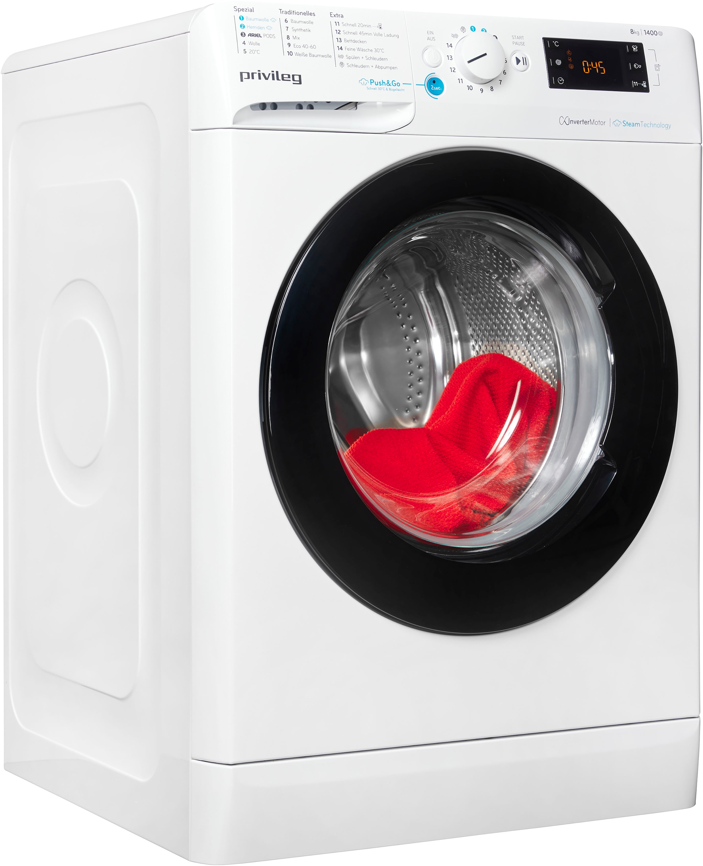 Privileg Waschmaschine »PWFV X 873 A«, PWFV X 873 A, 8 kg, 1400 U/min, Dampf-Programme für Baumwolle und Hemden – glättet die Fasern