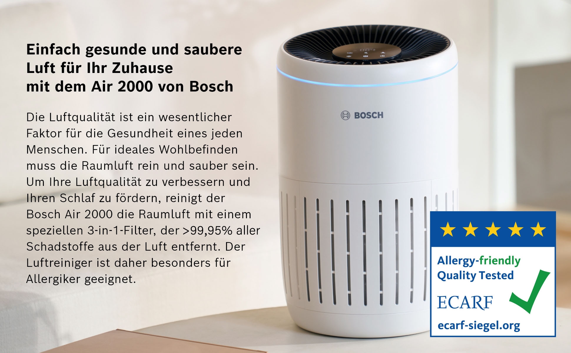 BOSCH Luftreiniger »Air 2000, filtert über 99% der Schadstoffe« für 37 qm Räume mit 3-in-1 Luftfilter, Automatik- und Ruhemodus )