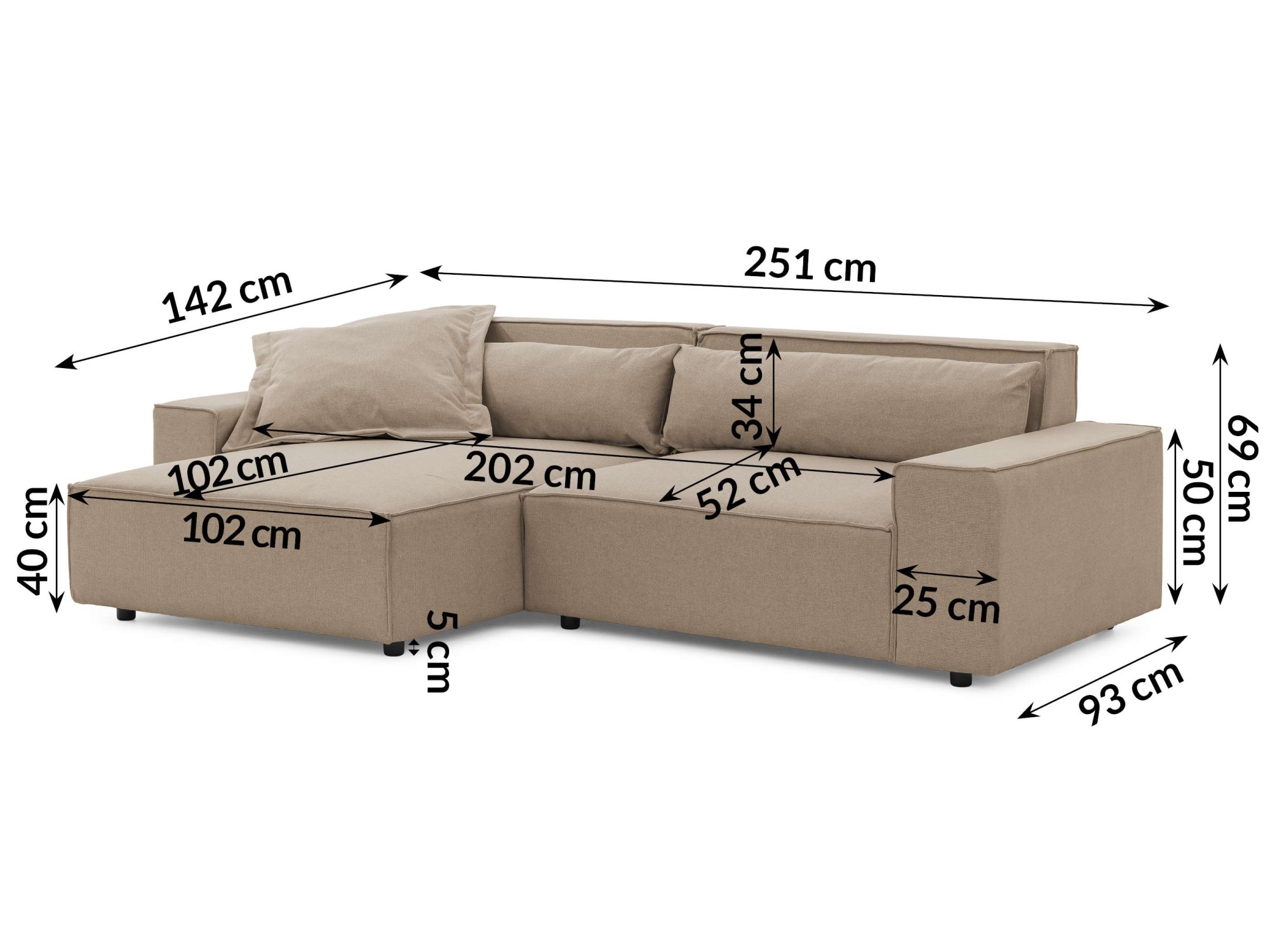 OTTO home Ecksofa »KINLEE Design-Sofa mit Recamiere rechts/links, Maße B/T/H 251/144/70cm« L-Form mit Wellenunterfederung, ohne Bettfunktion, modern und beguem