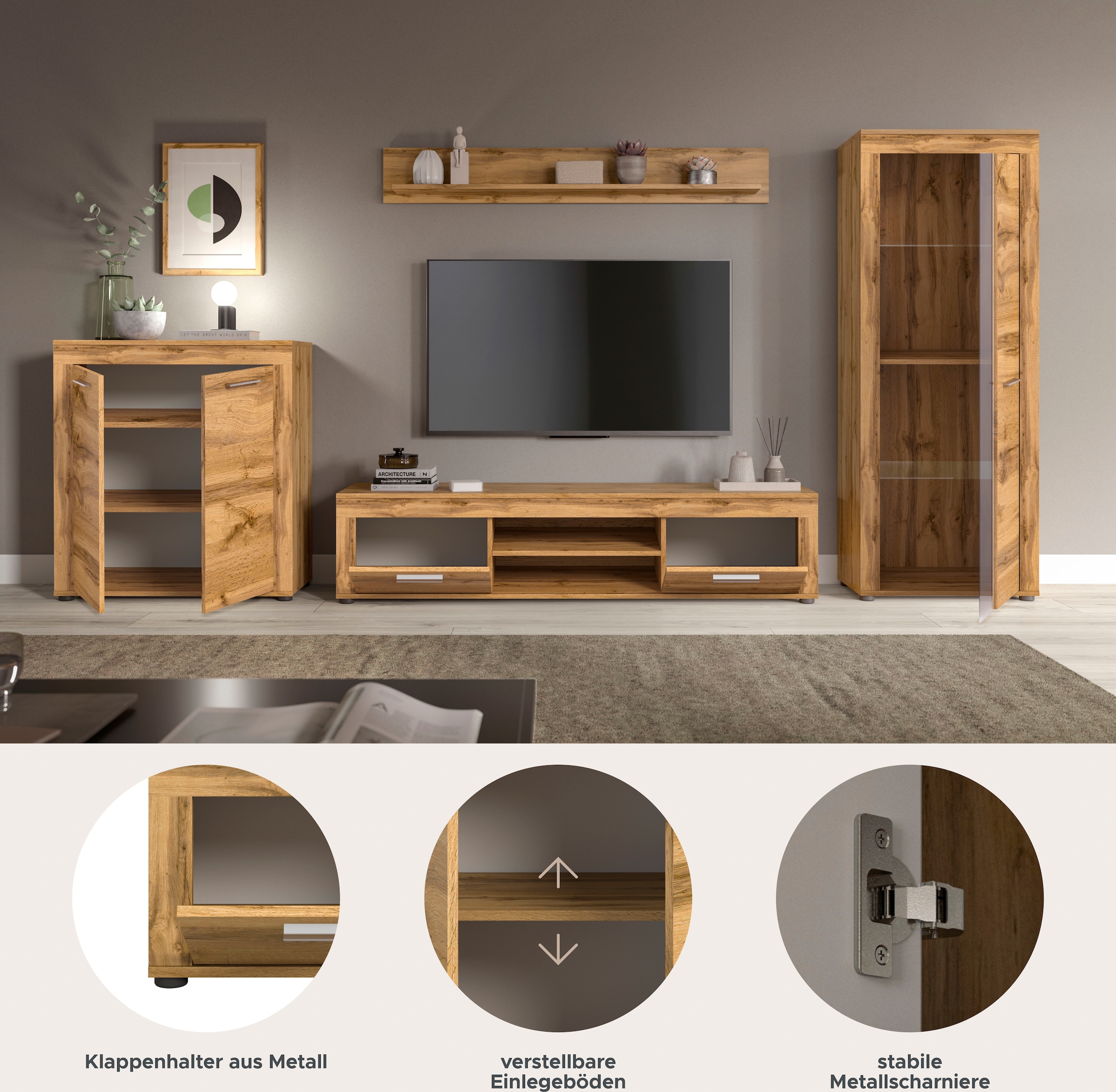 INOSIGN Wohnwand »Aosta, Breite 330cm, best. aus Highboard, Lowboard, Wandboard, Vitrine« 4 Stk. tlg.