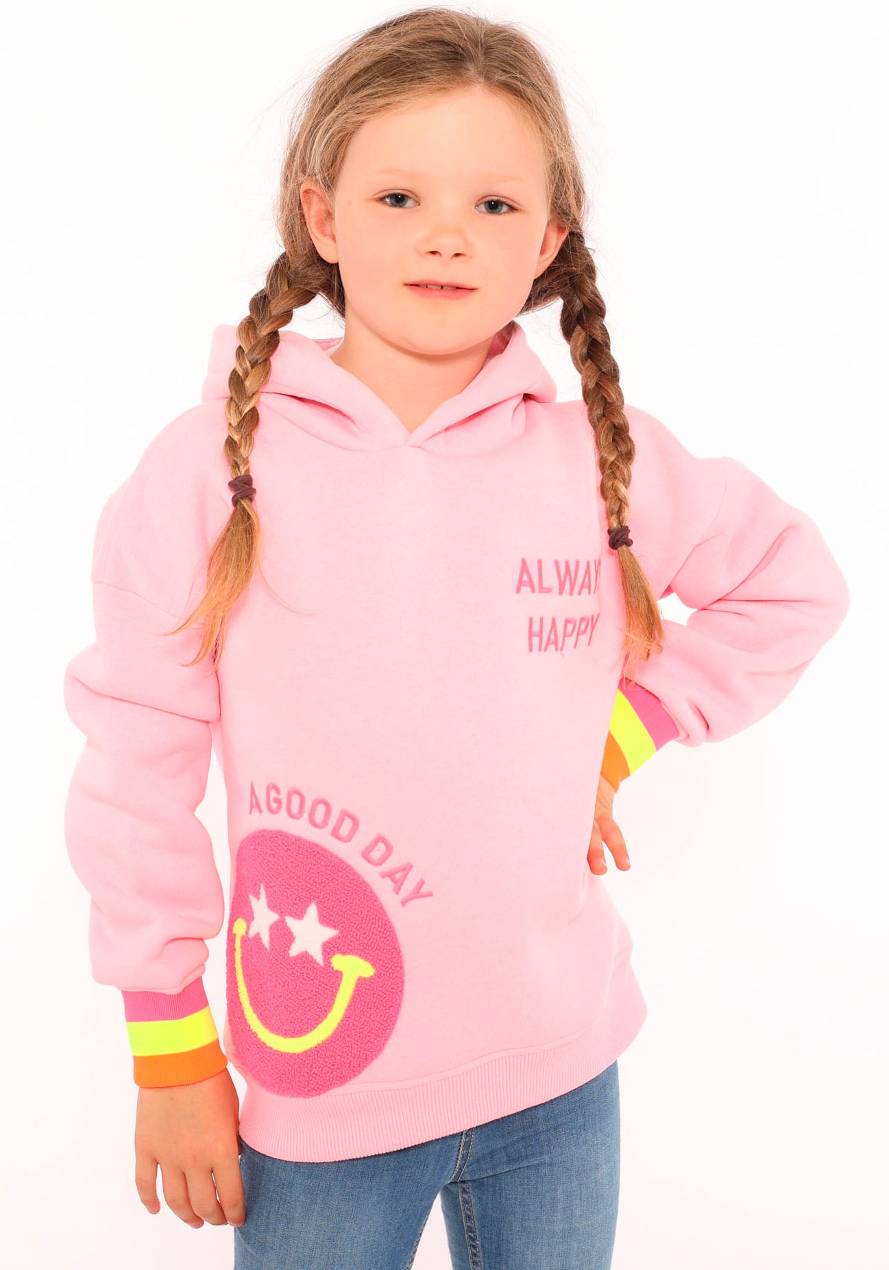 Zwillingsherz Hoodie »Always Happy Kids«, mit großem Smiley und neonfarbenen Details
