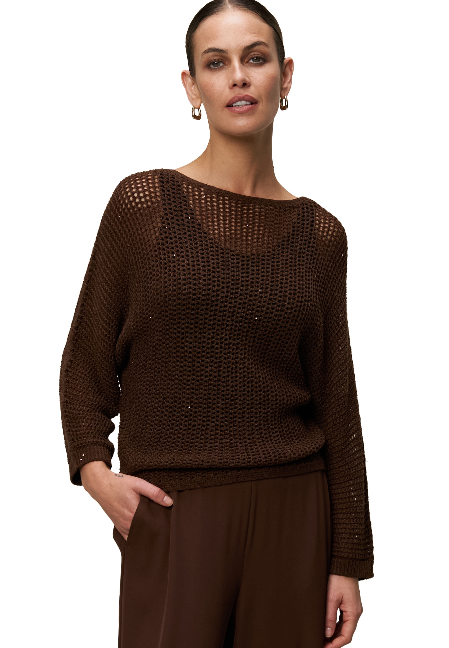 Zero Rundhalspullover »Lochstrick-Pullover mit Glitzersteinen«