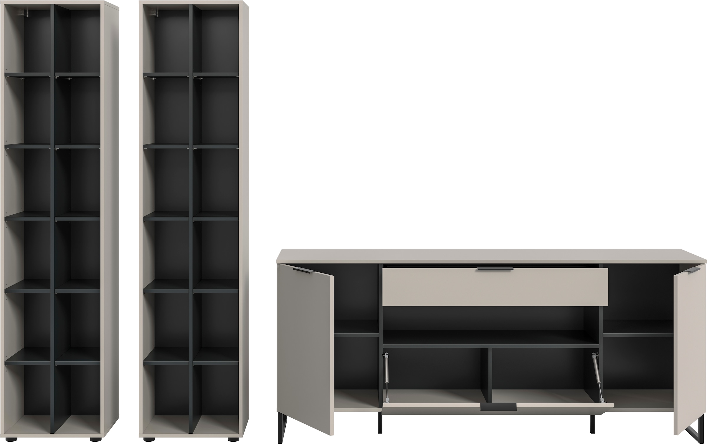 INOSIGN Wohnwand »ADIO, Breite 305 cm, 3-teiliges Set, mit Metall-Kufenfüße« Set, bestehend aus: 2x Standregal und Sideboard, 3 Stk. tlg.