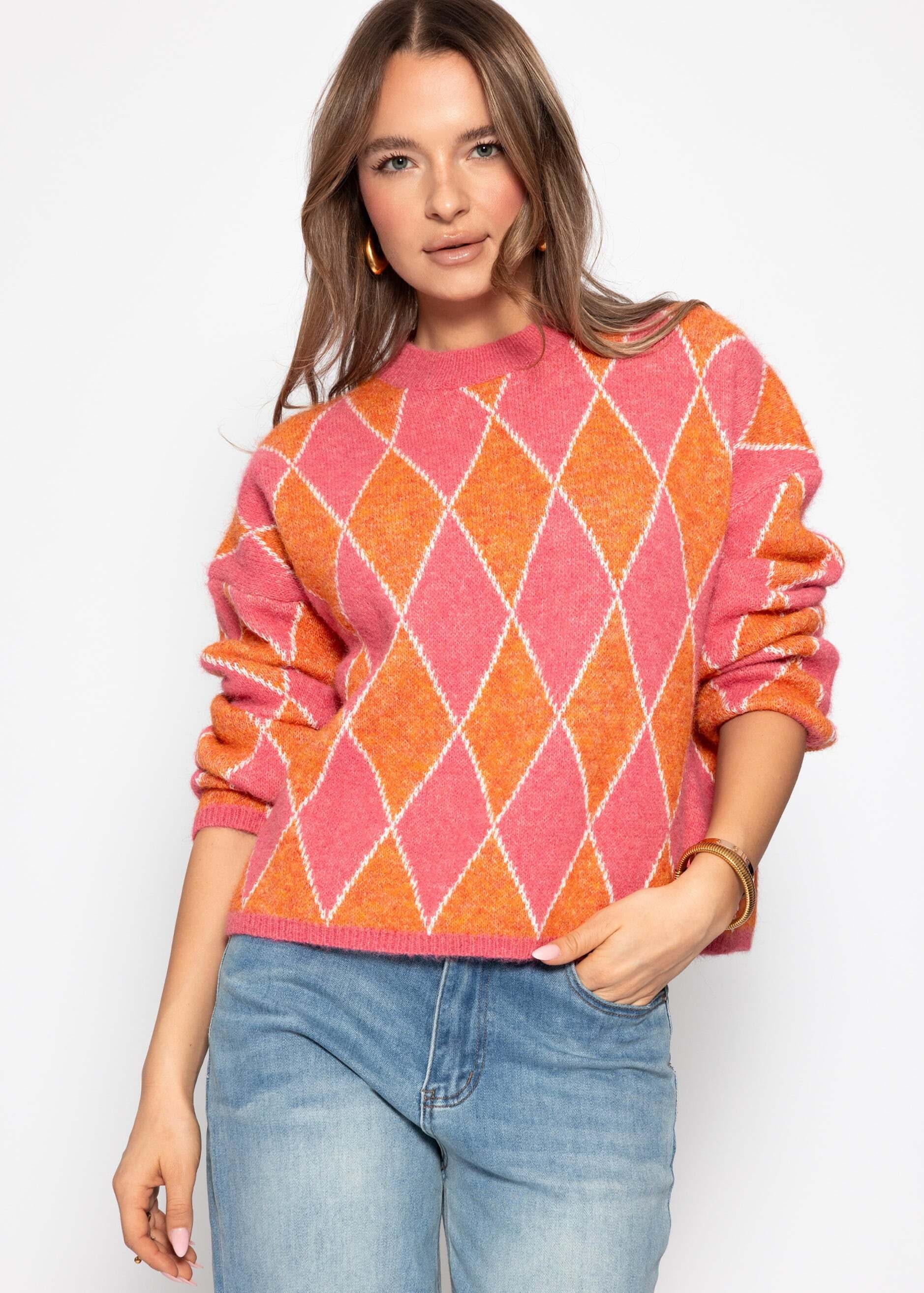 SASSYCLASSY Strickpullover »Oversize Strickpullover mit Rautenmuster« Lässiges Oberteil in Grau Braun