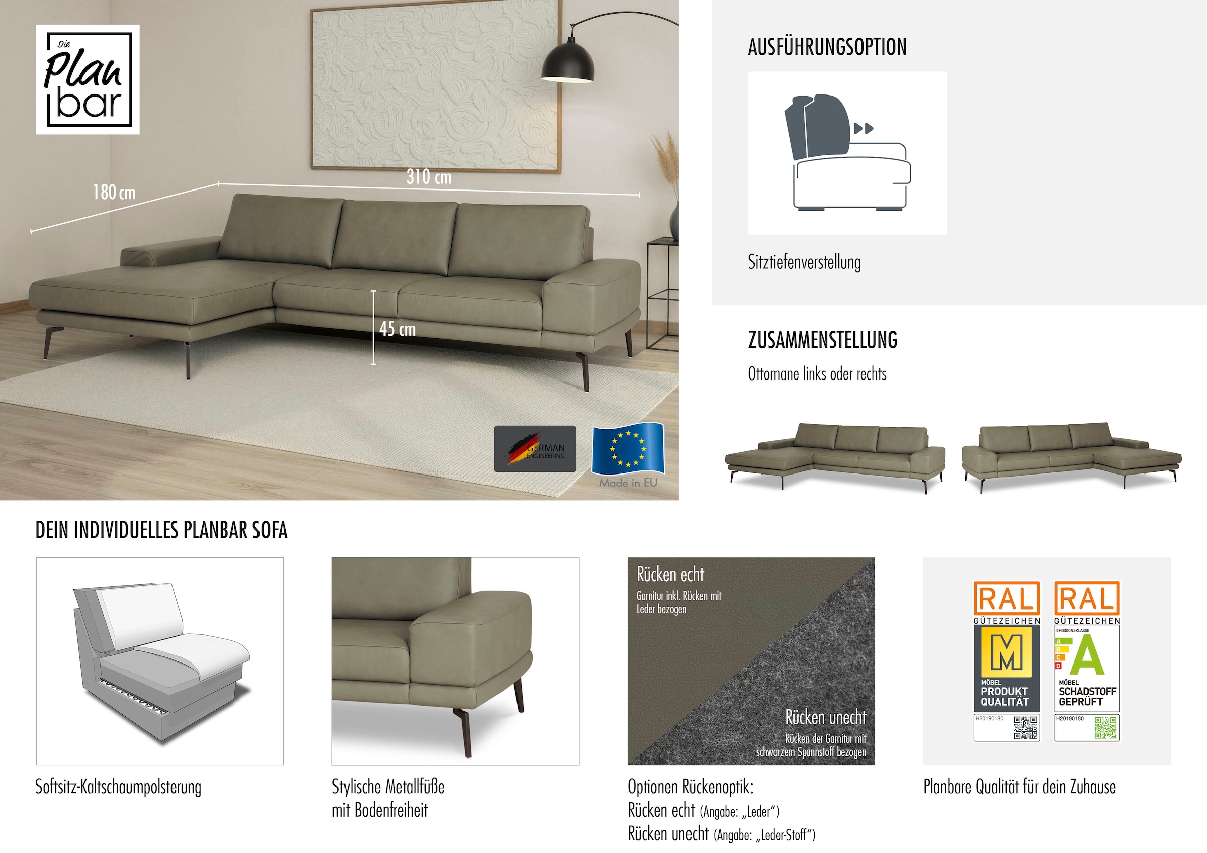 Die PlanBar Ecksofa »PN-EM20061; wahlweise frei im Raum stellbar« wahlweise mit echt bezogenem Rücken und Sitztiefenverstellung
