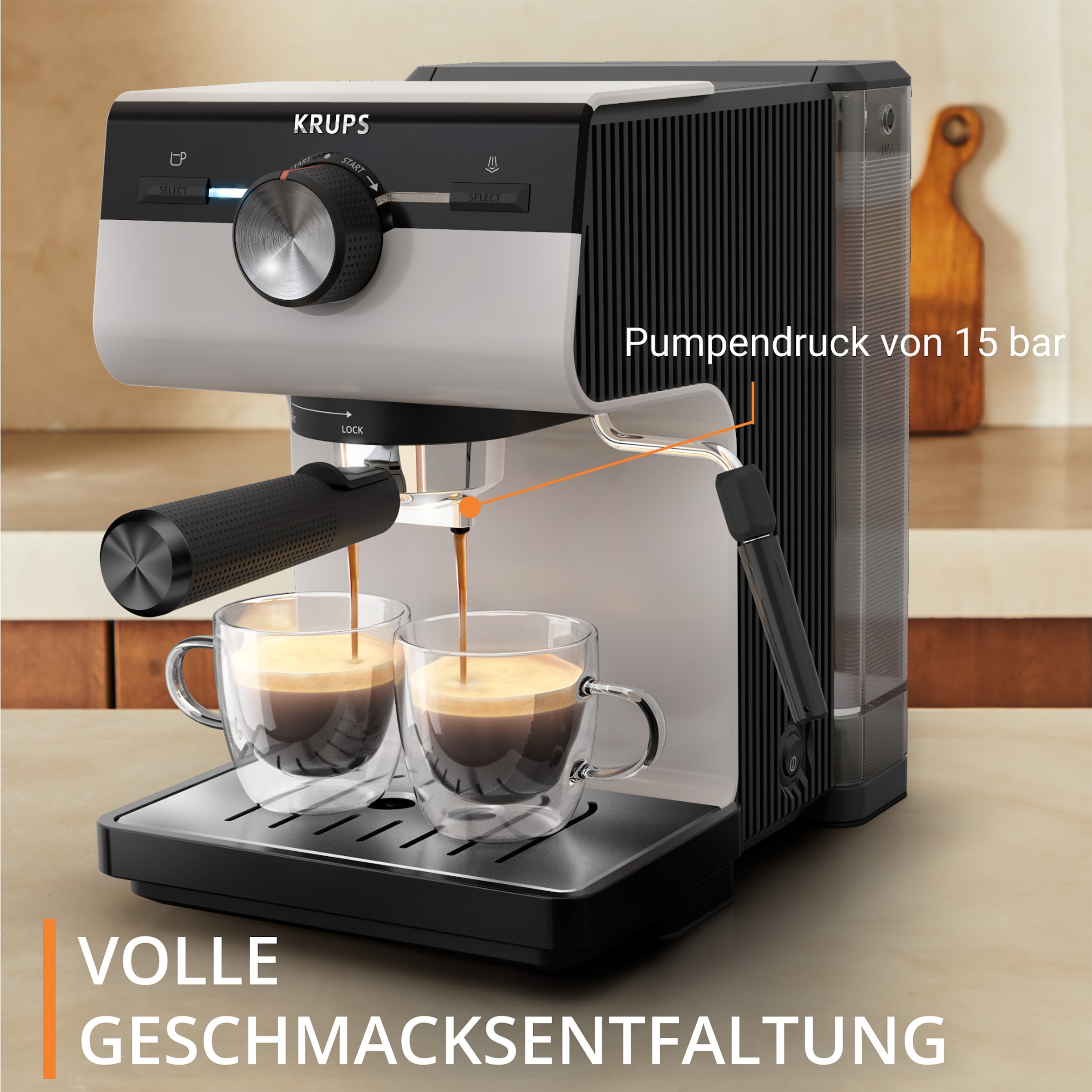 Krups Siebträgermaschine »XP381B Authentic, Siebtäger«, intuitives Bedienfeld, Milch-Aufschäumdüse, 2 Siebeinsätze