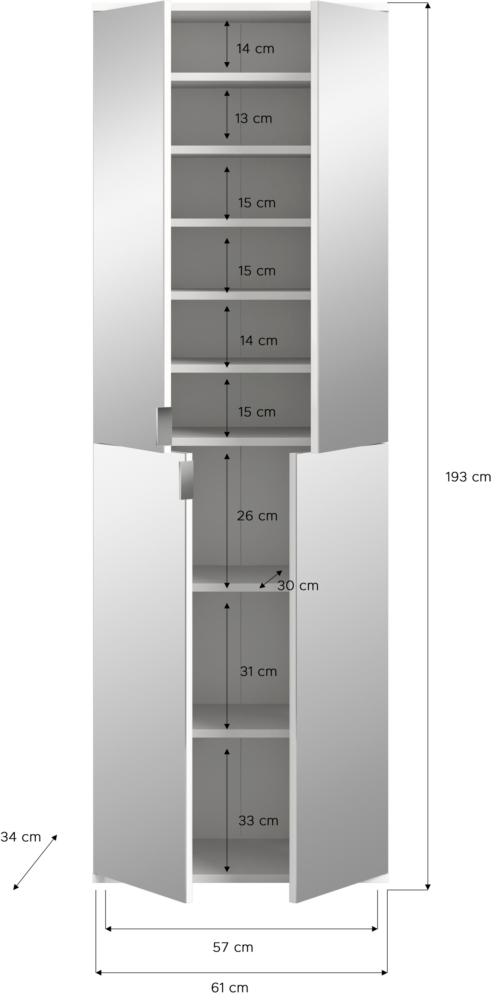 INOSIGN Garderoben-Set »Trondheim, Breite 244 cm, best. aus 4 Schränken, 16 Türen, 36 Fächer«, (Set, 4 St.), inkl. ausziehbarer Kleiderstange, Garderobenschrank, Kleiderschrank