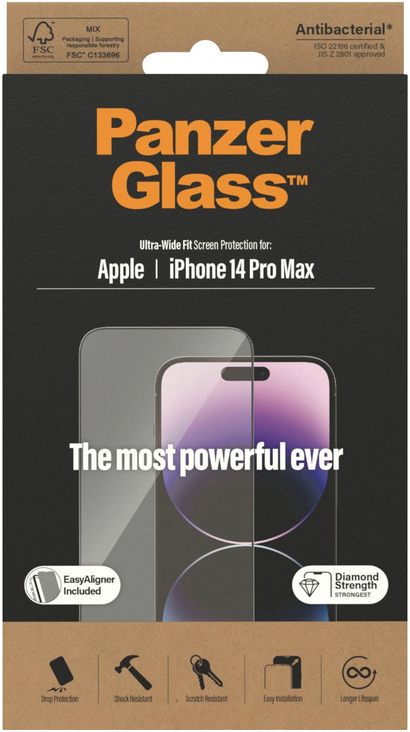PanzerGlass Displayschutzglas »Displayschutz Apple iPhone 14 Pro Max«, (1 St., Displayschutz mit Installationshilfe EasyAligner), Kratz-& Stoßfest, Antibakteriell, Berührungsempfindlich
