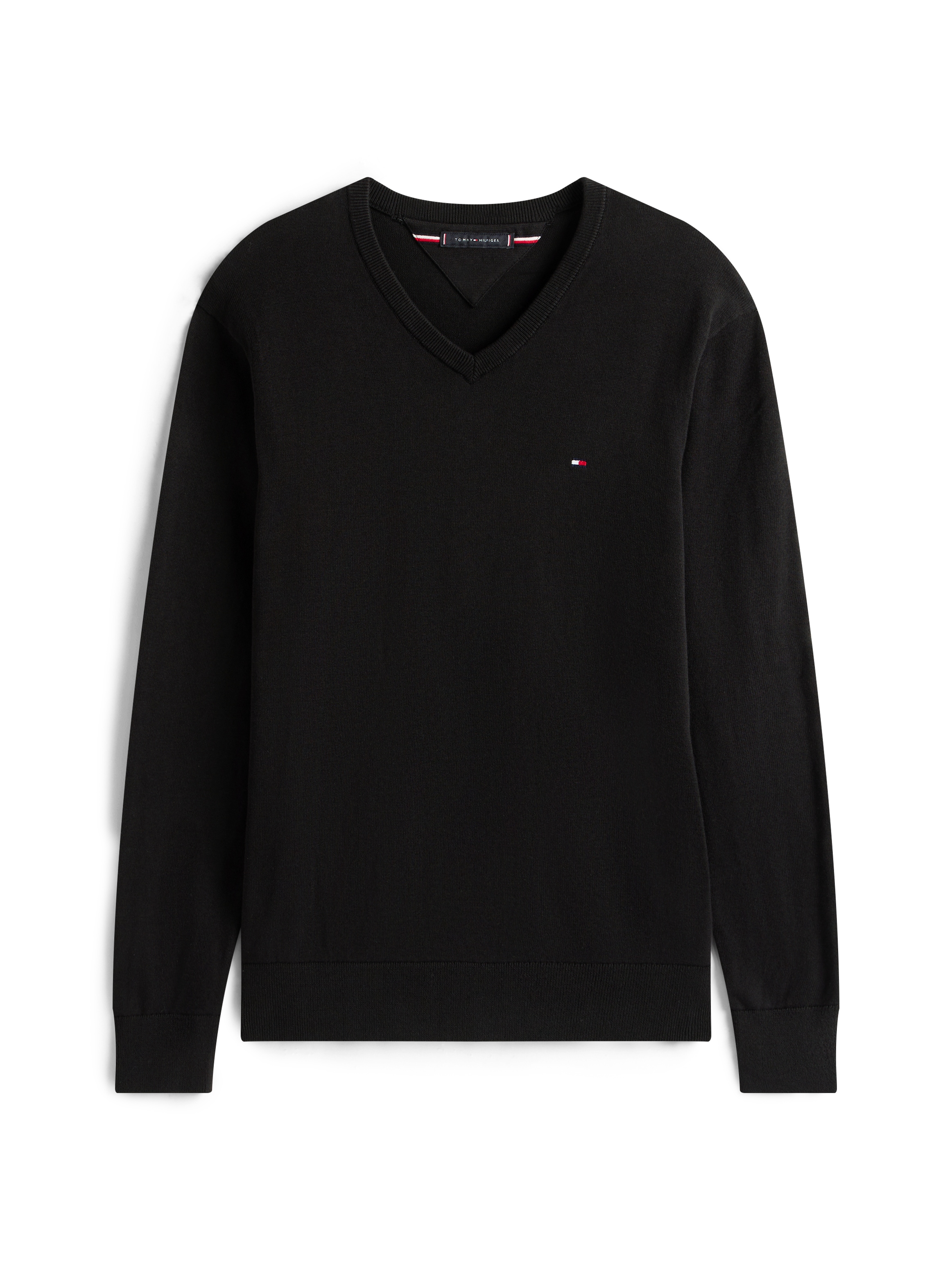 Tommy Hilfiger Strickpullover »ESSENTIAL COTTON V NECK mit V-Ausschnitt und Stickerei«, unifarben, casual, regular fit, Baumwolle, V-Ausschnitt