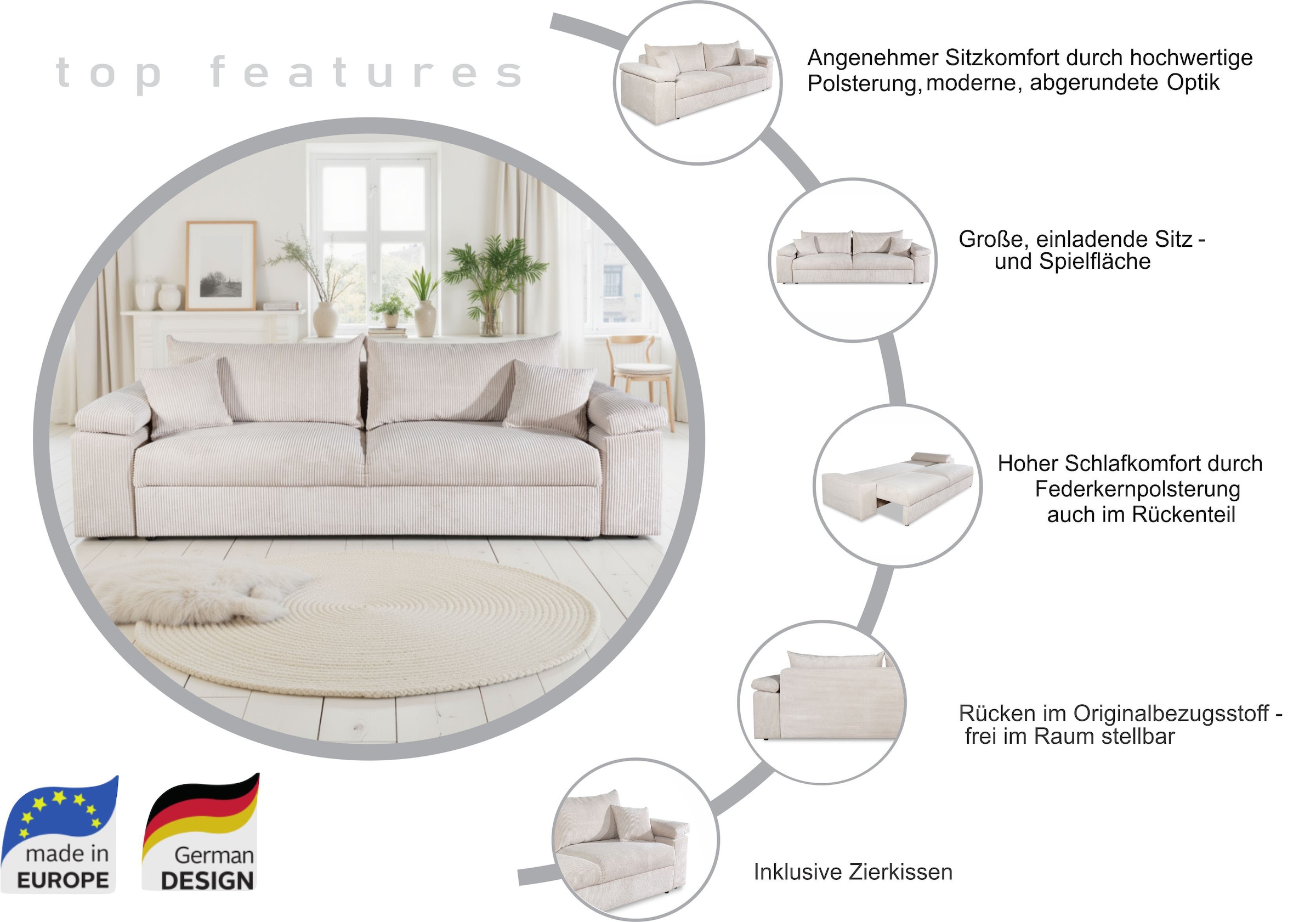 COLLECTION AB Schlafsofa »Mara, B: 249 cm, Liegefl. 139x195 cm« Dauer-Schlaffunktion, Bettkasten & Federkern, wahlweise mit Topper