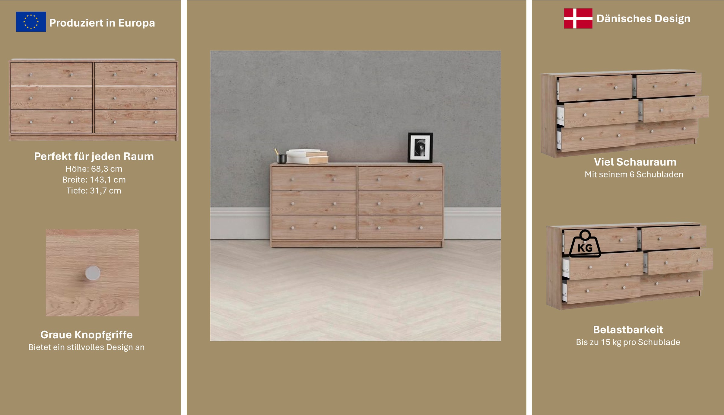 Home affaire Sideboard »May, Aufbewahrung, Schubkastenkommode, Stauraum, Scandi-stil«, Mit 6 Schubladen, Knopfgriffen, mehrere farben, T: 30 x B: 143 cm