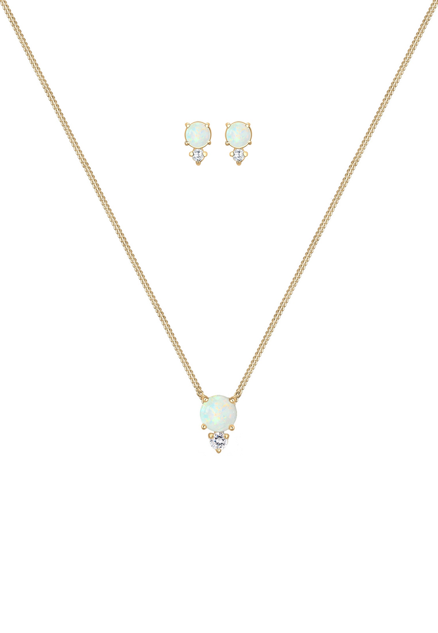 Elli Ohrring und Ketten Set »Schmuckset Zirkonia Synthetischer Opal Weiß 925 Sterling Silber vergoldet«