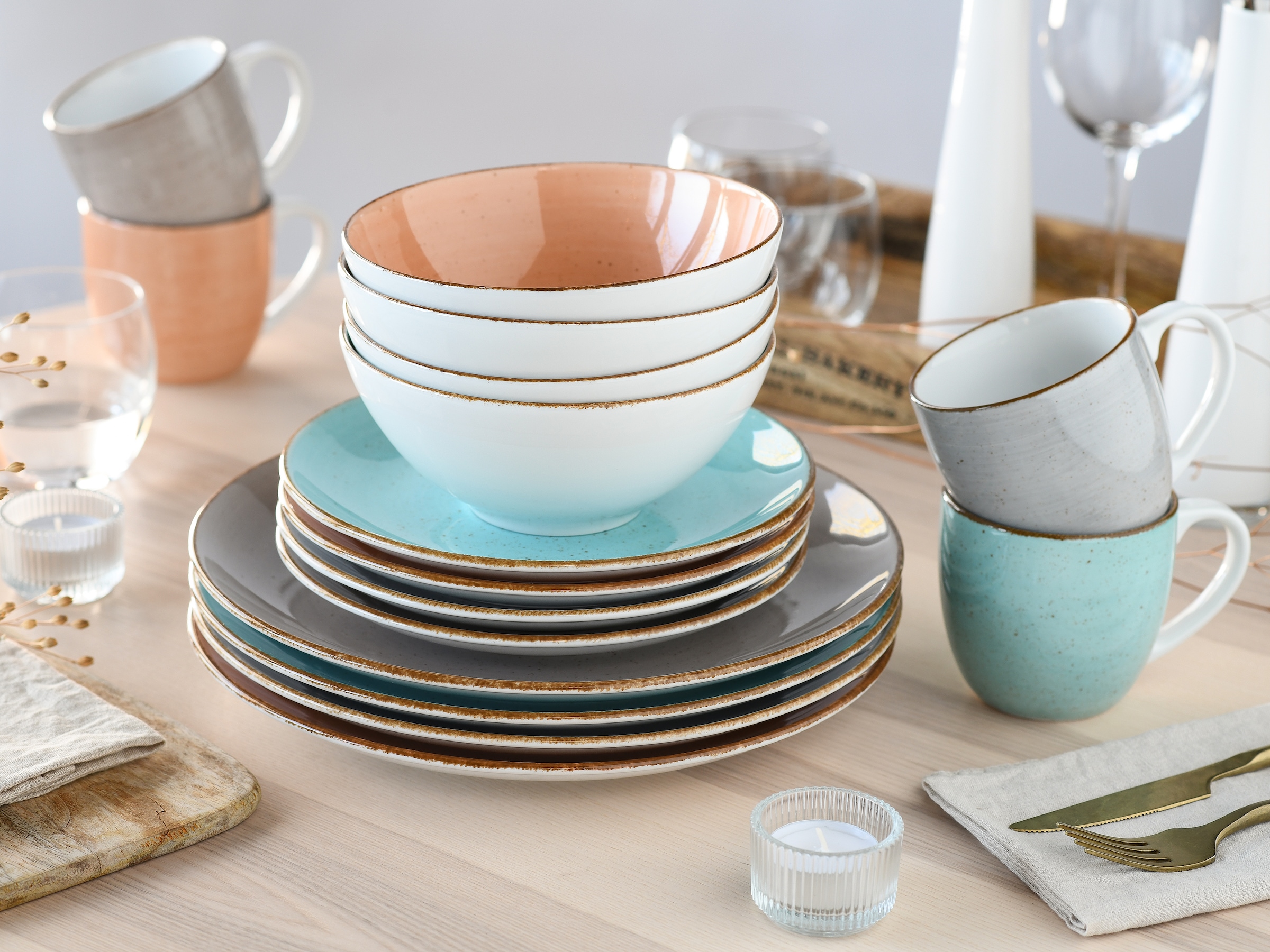 CreaTable Kombiservice »Geschirr-Set VINTAGE NATURE«, (Set, 16 tlg., Kaffeeservice und Tafelservice im Set, für 4 Personen), Service, handgemalt, gesprenkelt, 16 Teile, für 4 Personen