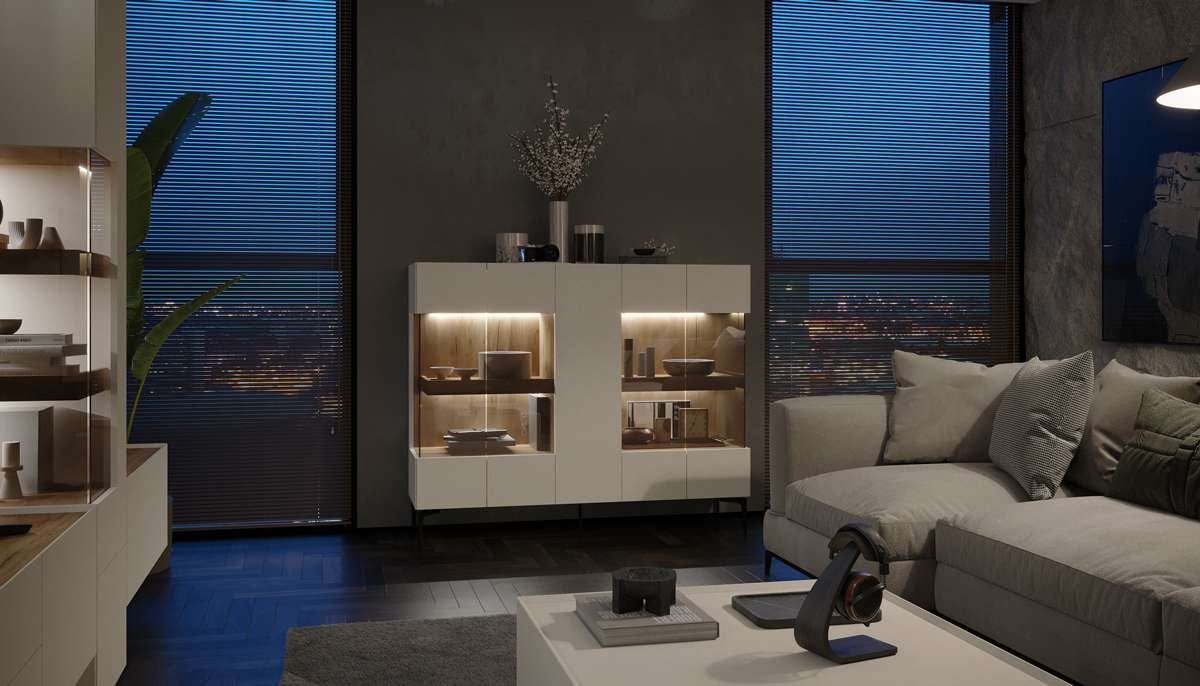 Places of Style Highboard »Sky45 Kommode mit Glastüren, Höhe 142 cm«, Vitrine, Lackiert mit wasserbasiertem UV-Lack