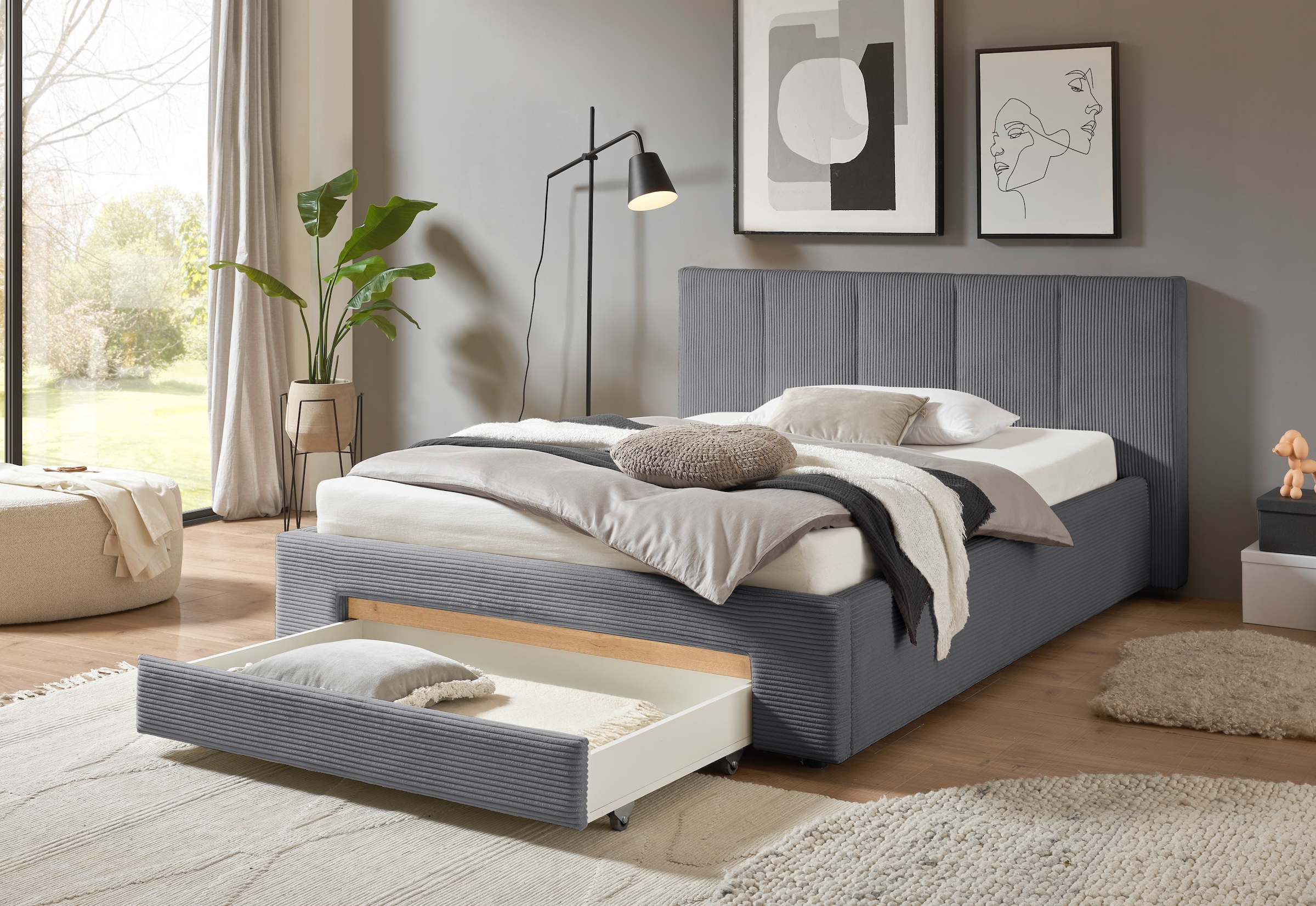 INOSIGN Polsterbett »CiTY/GiRON, Bettgestell mit Bettkasten, gepolstertes Stauraumbett«, mit Hundebett oder Stauraumschublade, Bezug Cord-oder Leinenoptik