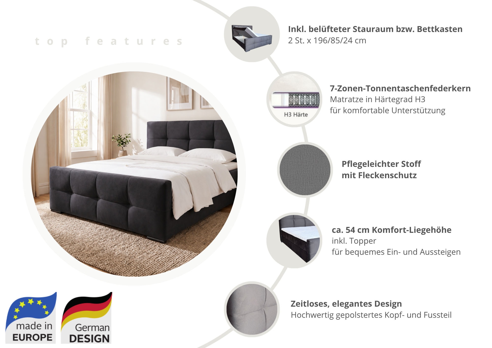 OTTO home Boxbett »FIETTE, Polsterbett mit Bettkasten, inkl. Taschenfederkernmatratze H3« inkl. Kaltschaumtopper, Luxus-Mircofaser-Bezug, Liegefläche 180x200 cm