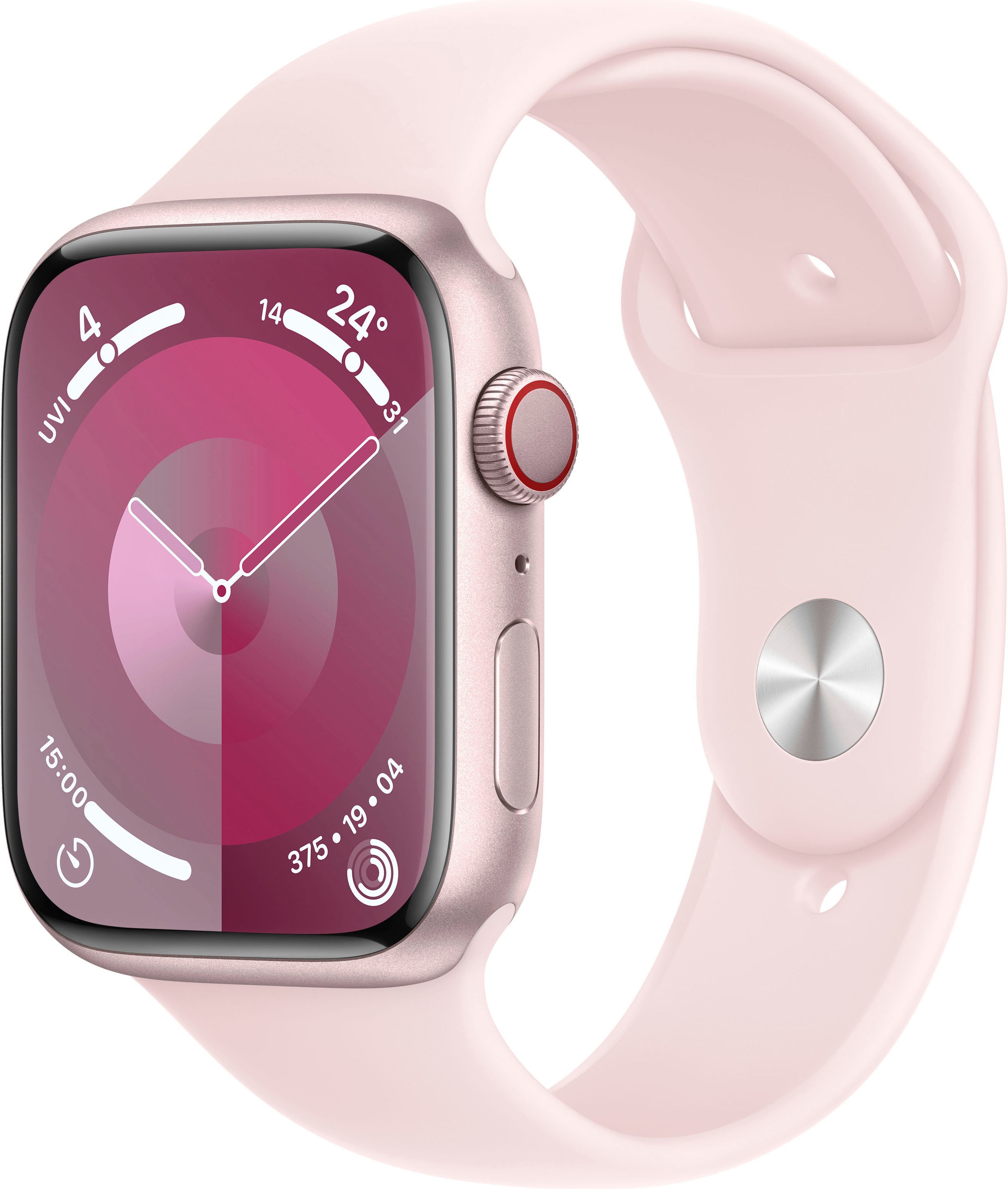 Apple Smartwatch »Watch Series 9 Aluminium« (4,5 cm / 1,77 ′′) Watch OS 10;EKG;Blutsauerstoff App;Herzfrequenz in rosa, Größe S/M