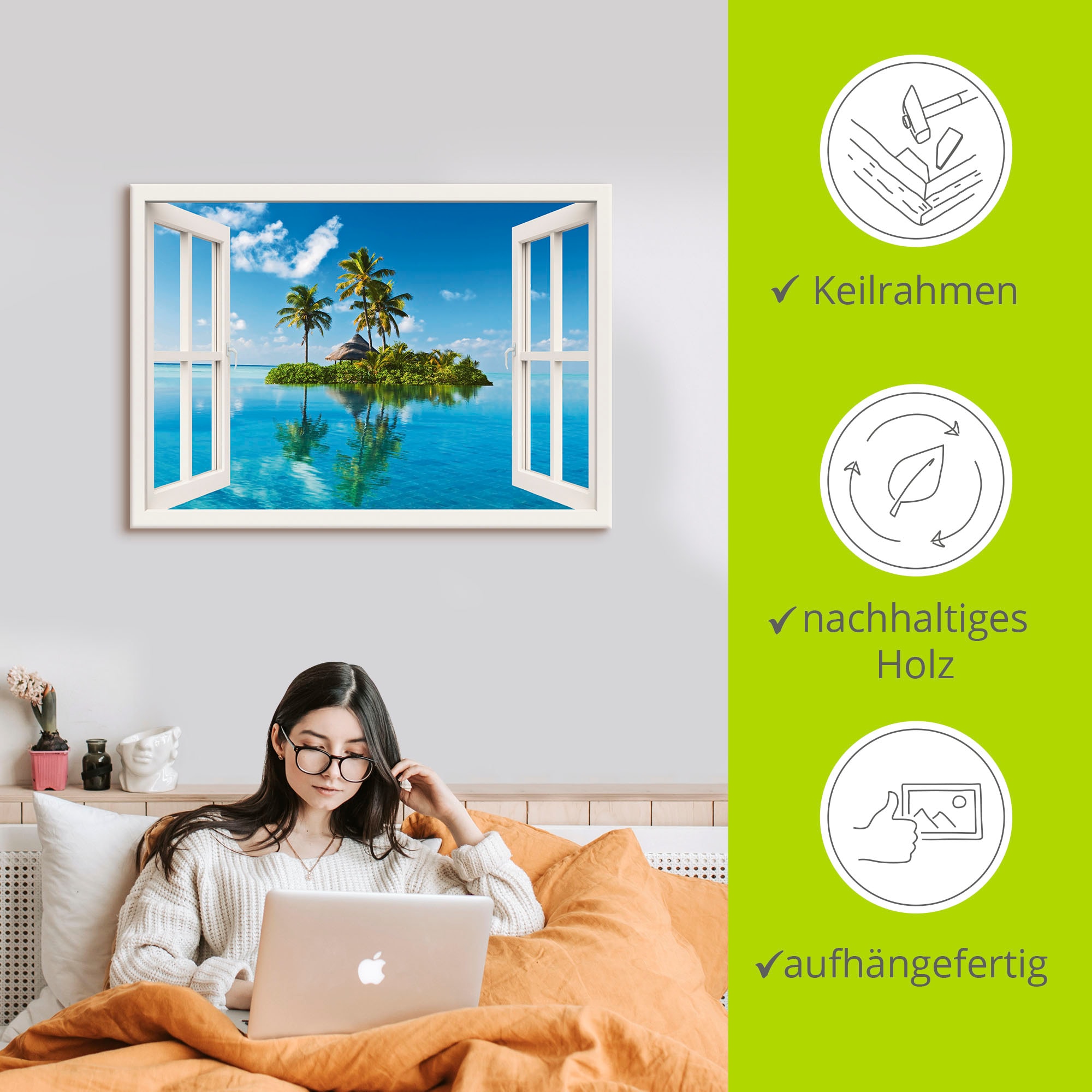 Artland Wandbild »Fensterblick Insel Palmen Meer« Fensterblick 1 Stk. tlg. auf Holzrahmen gespannt
