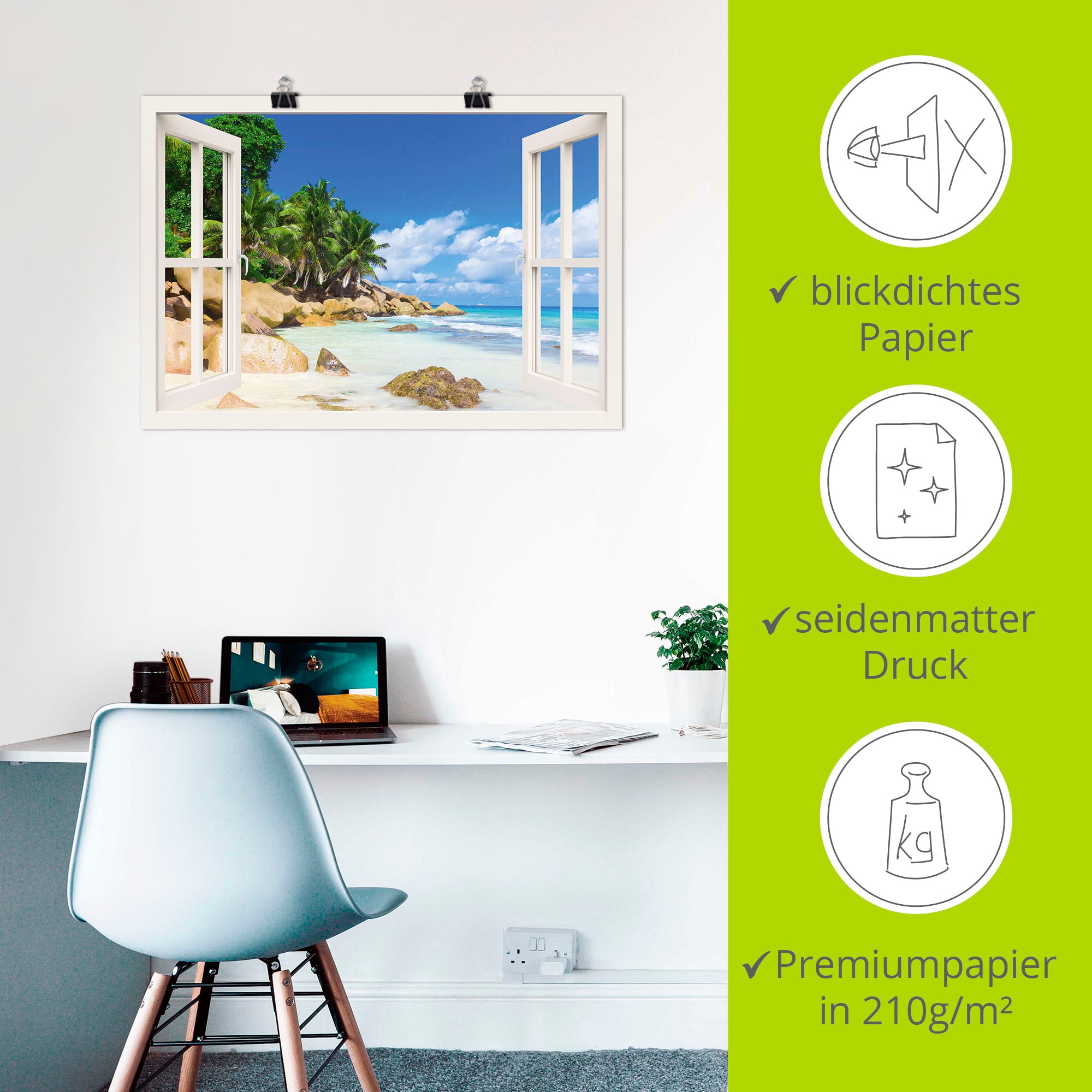 Artland Wandbild »Küste mit Palmen durchs Fenster« Karibikbilder 1 Stk. tlg. als Alubild, Outdoorbild, Leinwandbild, Poster, Wandaufkleber