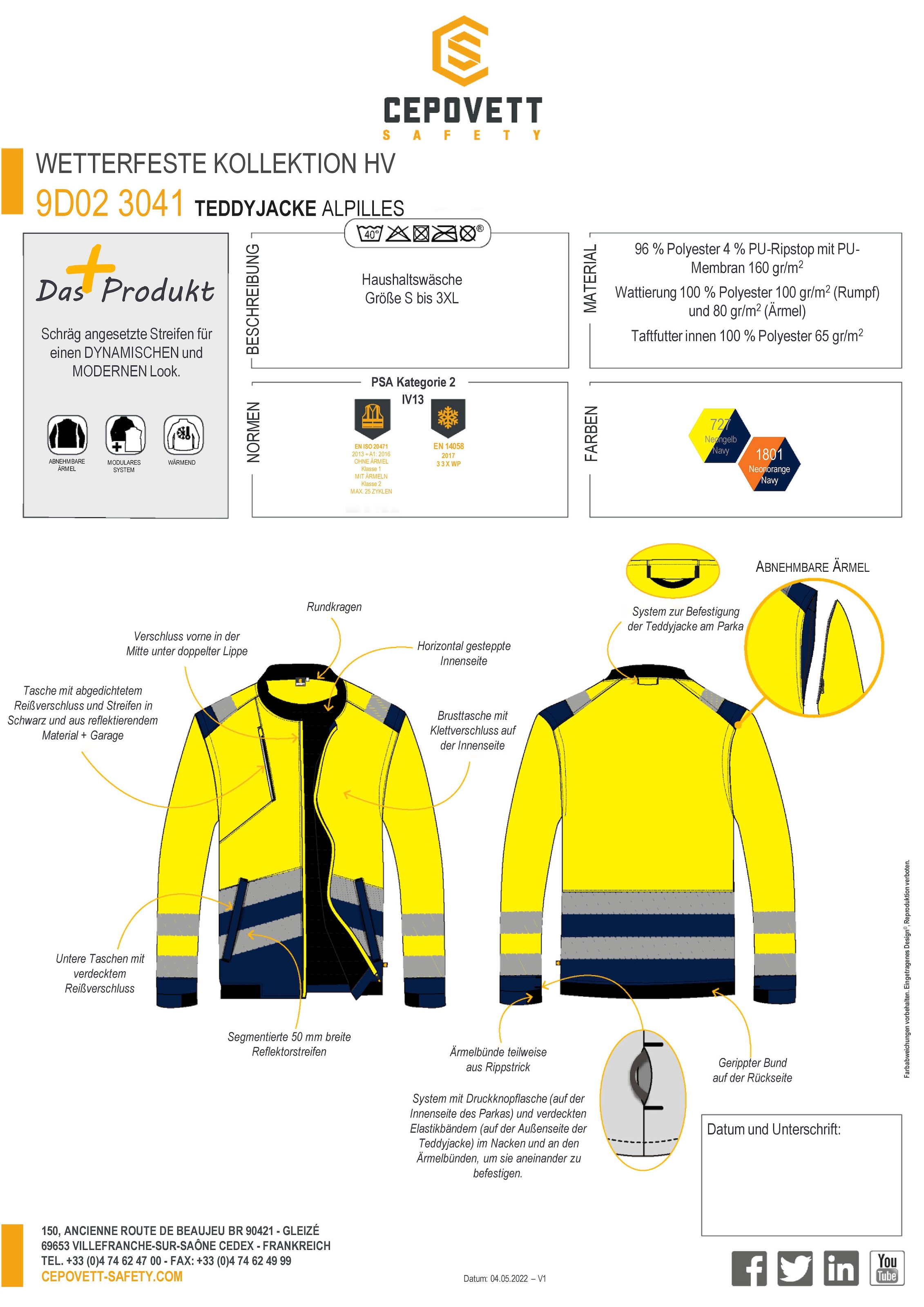Cepovett Arbeitsjacke »Unisex Hochsichtbare Teddy-Jacke "Alpilles"«, ohne Kapuze, Gr. S - 3XL, Warnschutz, PU-Membrane