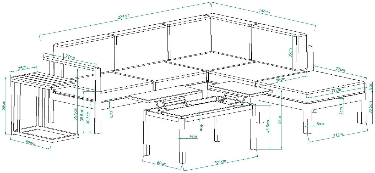 Destiny Gartenlounge-Set »ARENAL«, (15 tlg., 2x Schenkel, 1x Tisch, 1x Beistelltisch, 1x Hocker, inkl. Auflagen), Aluminium