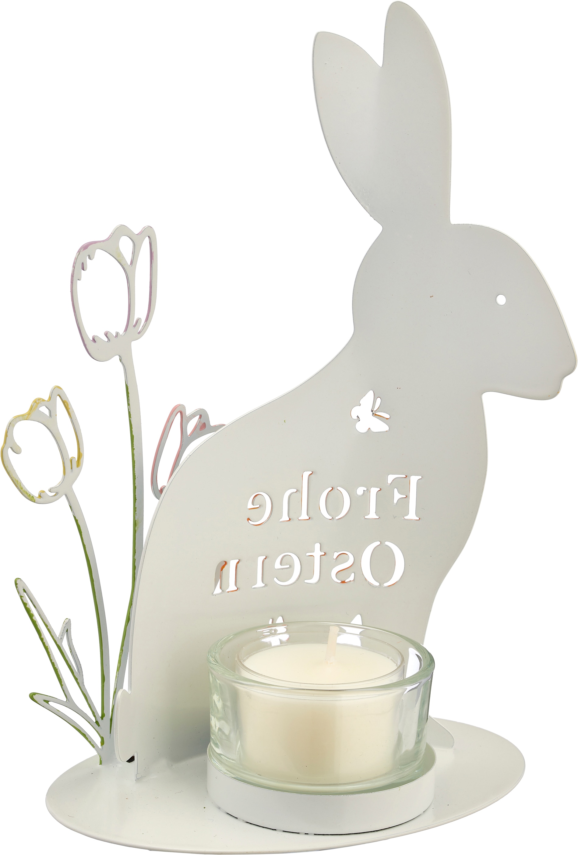 Creativ home Teelichthalter »Teelichthalter mit Hase und Tulpen« mit Schriftzug