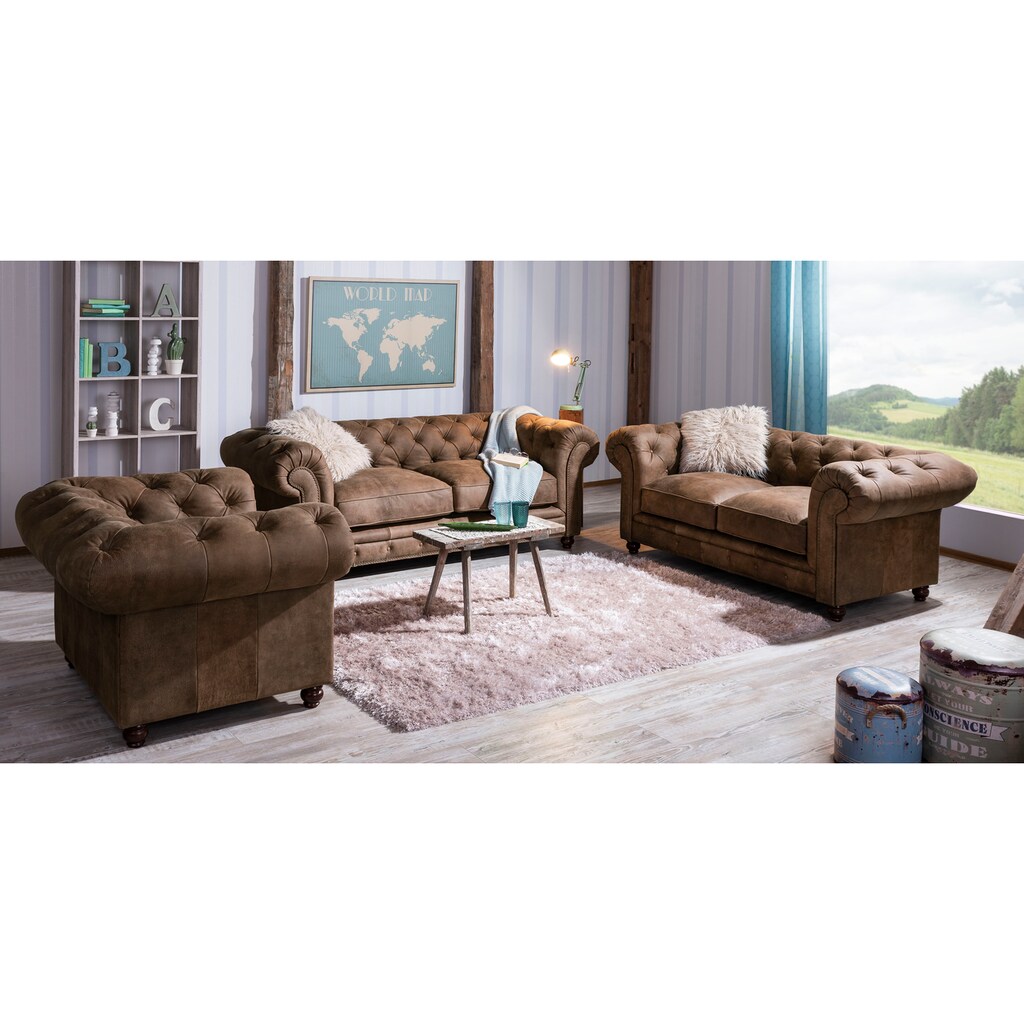 Max Winzer® Chesterfield-Sofa »Old England«, 2,5-Sitzer Ledersofa mit Knopfheftung & Ziernägeln, Breite 218 cm