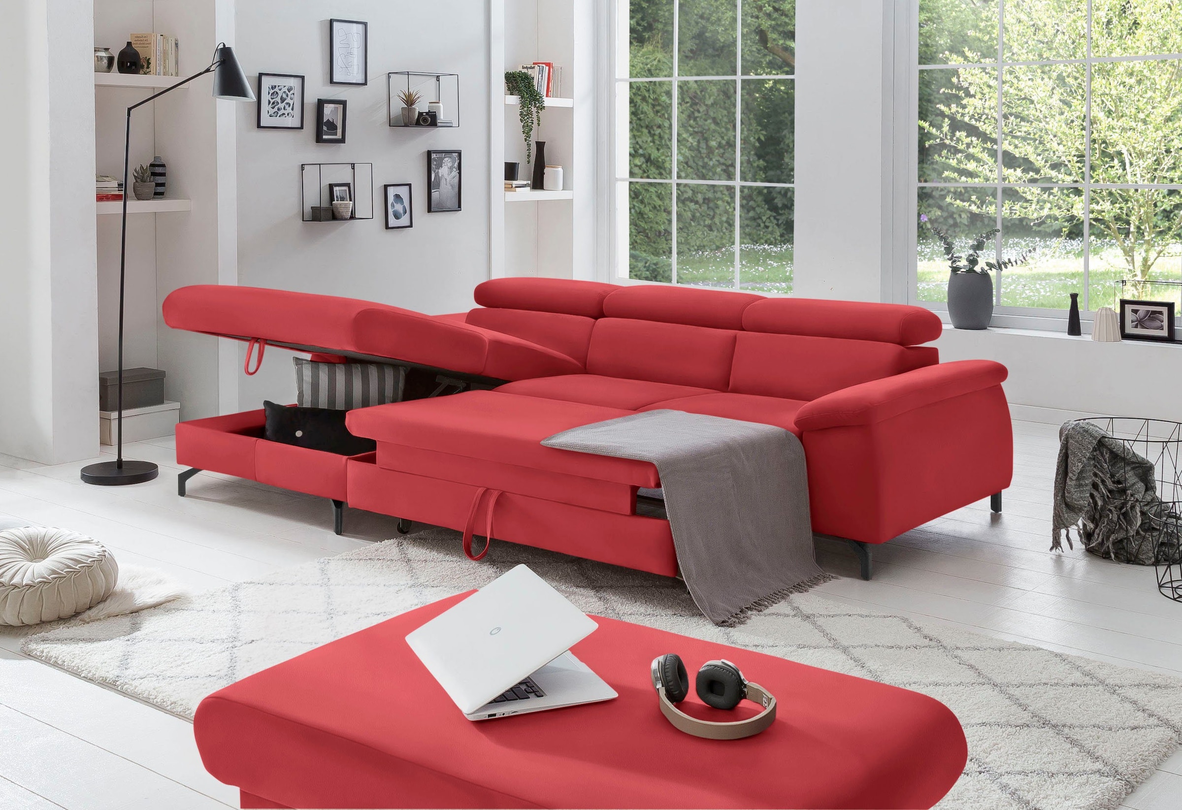 COTTA Polstergarnitur »Komaris L-Form«, (Set), Set bestehend aus: Ecksofa mit Kopfteilverstellung & Hocker