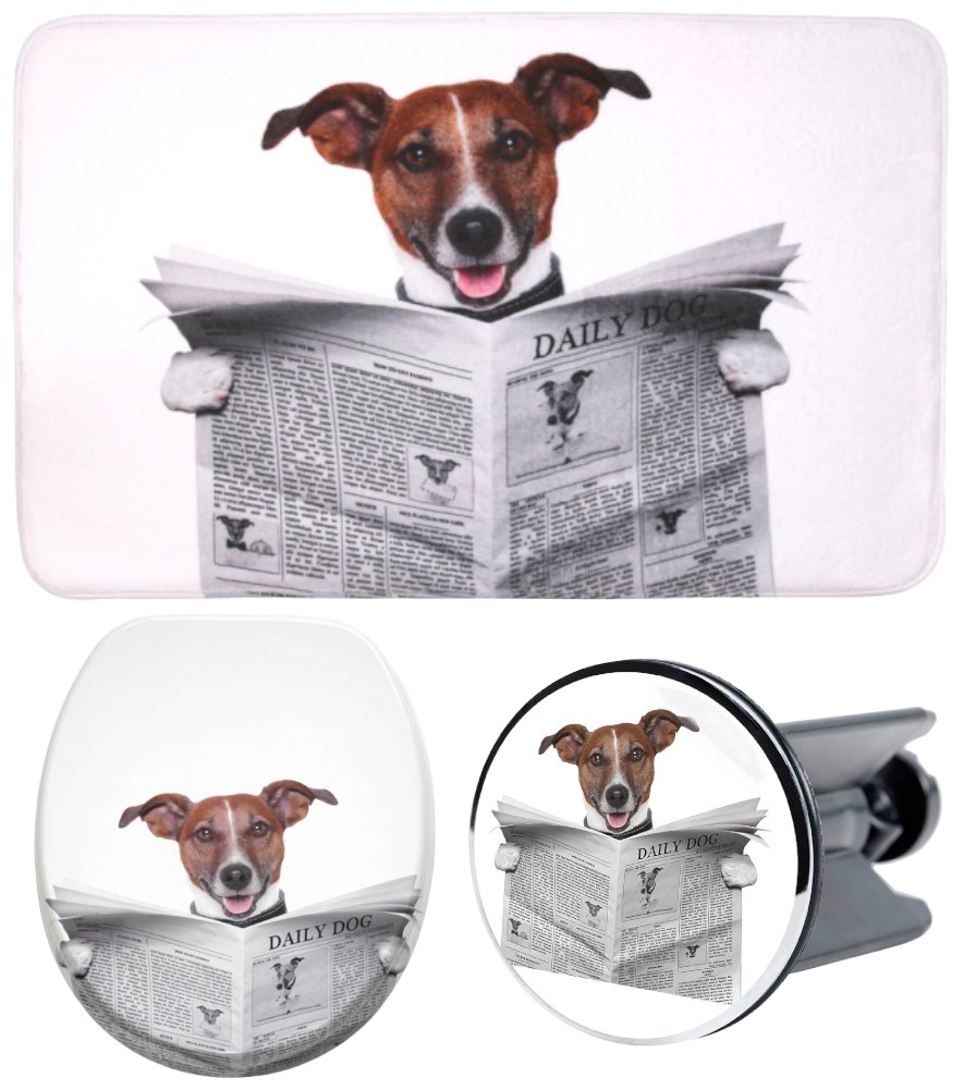 Sanilo Badaccessoires-Sets »Newspaper«, (Komplett-Set, 3 tlg.), bestehend aus WC-Sitz, Badteppich und Waschbeckenstöpsel