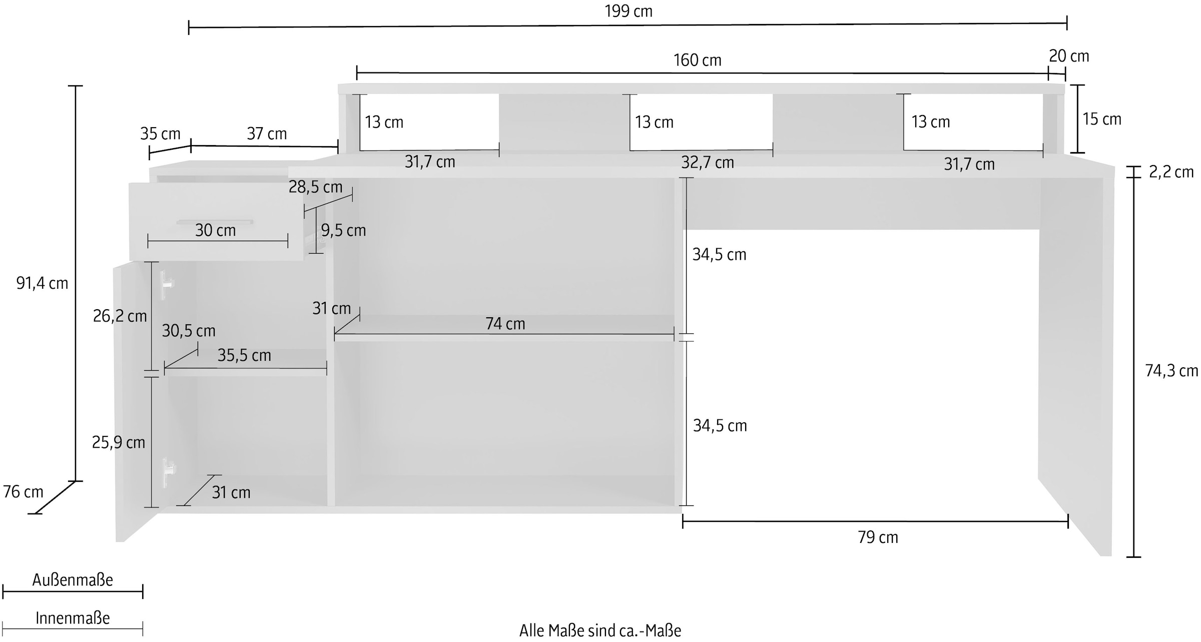 INOSIGN Schreibtisch »Chester«, (2 St.), Gamingtisch mit Lowboard - Arbeitstisch Maße (B/T/H) 160/115/92 cm