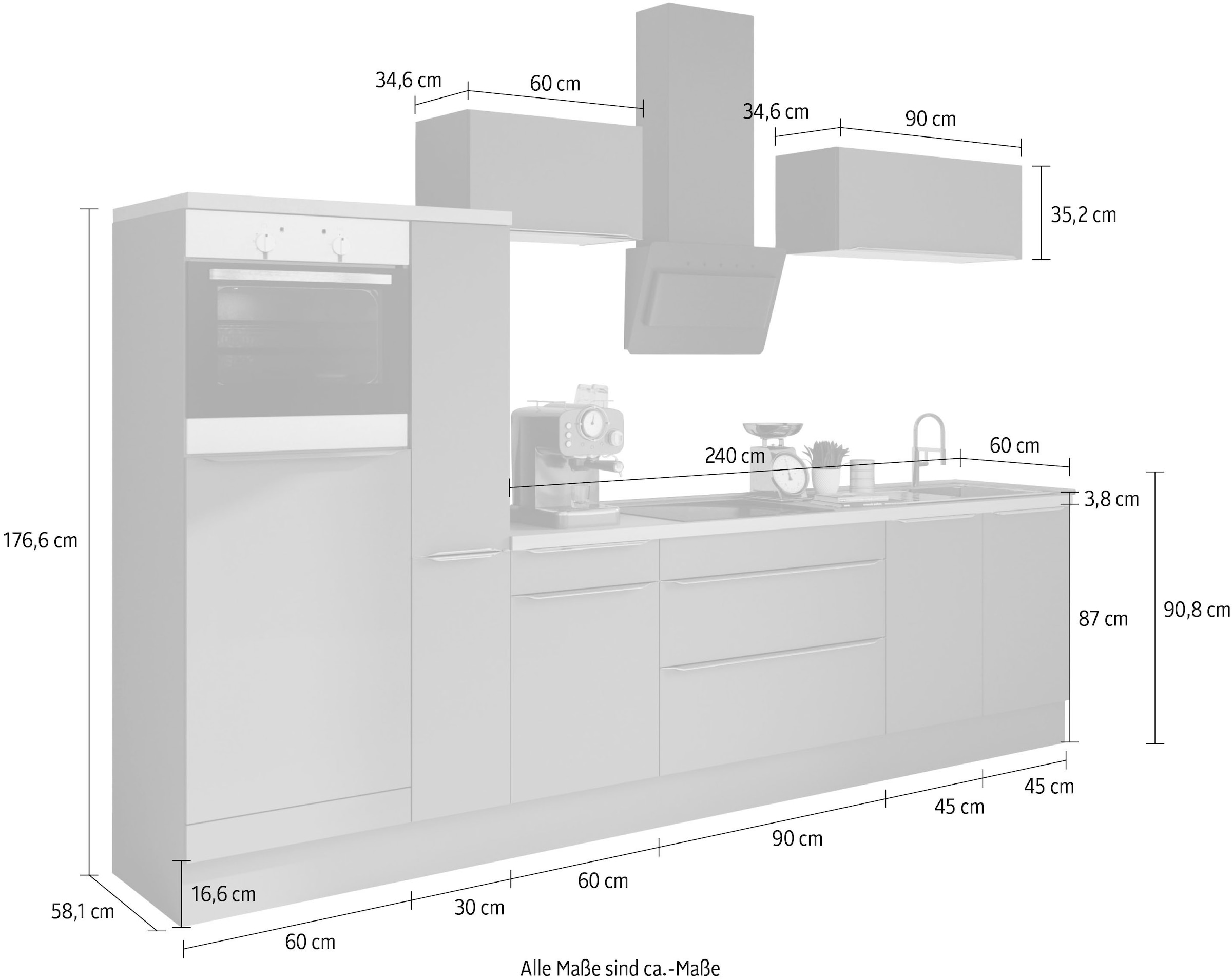 KOCHSTATION Küchenzeile »KS-Aken« Breite 330 cm, wahlweise mit E-Geräten, mit Arbeitsplatte 38 mm stark