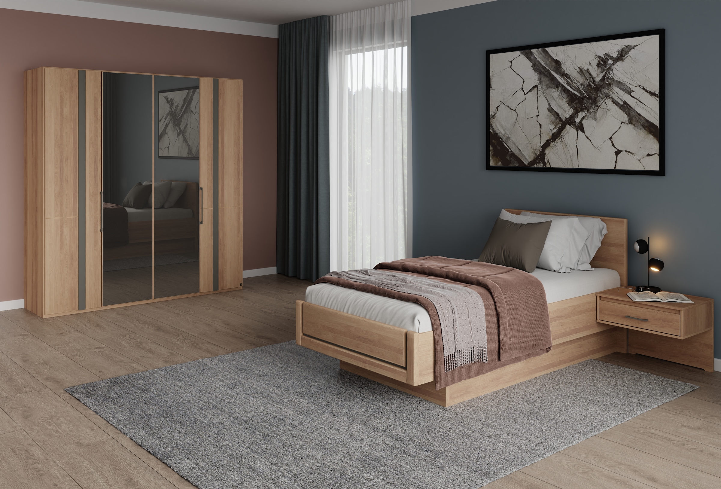 Musterring Schlafzimmer-Set »Sorrent, Kleiderschrank, Bett & Nachtkommoden, teilmassiv Eiche«, (2er-Set Nachtschränke, Drehtürenschrank 200 cm, Bett 100x200 cm), mit Dreh- und Falttüren, Schrankbreite 200cm, Bett schwebende Optik