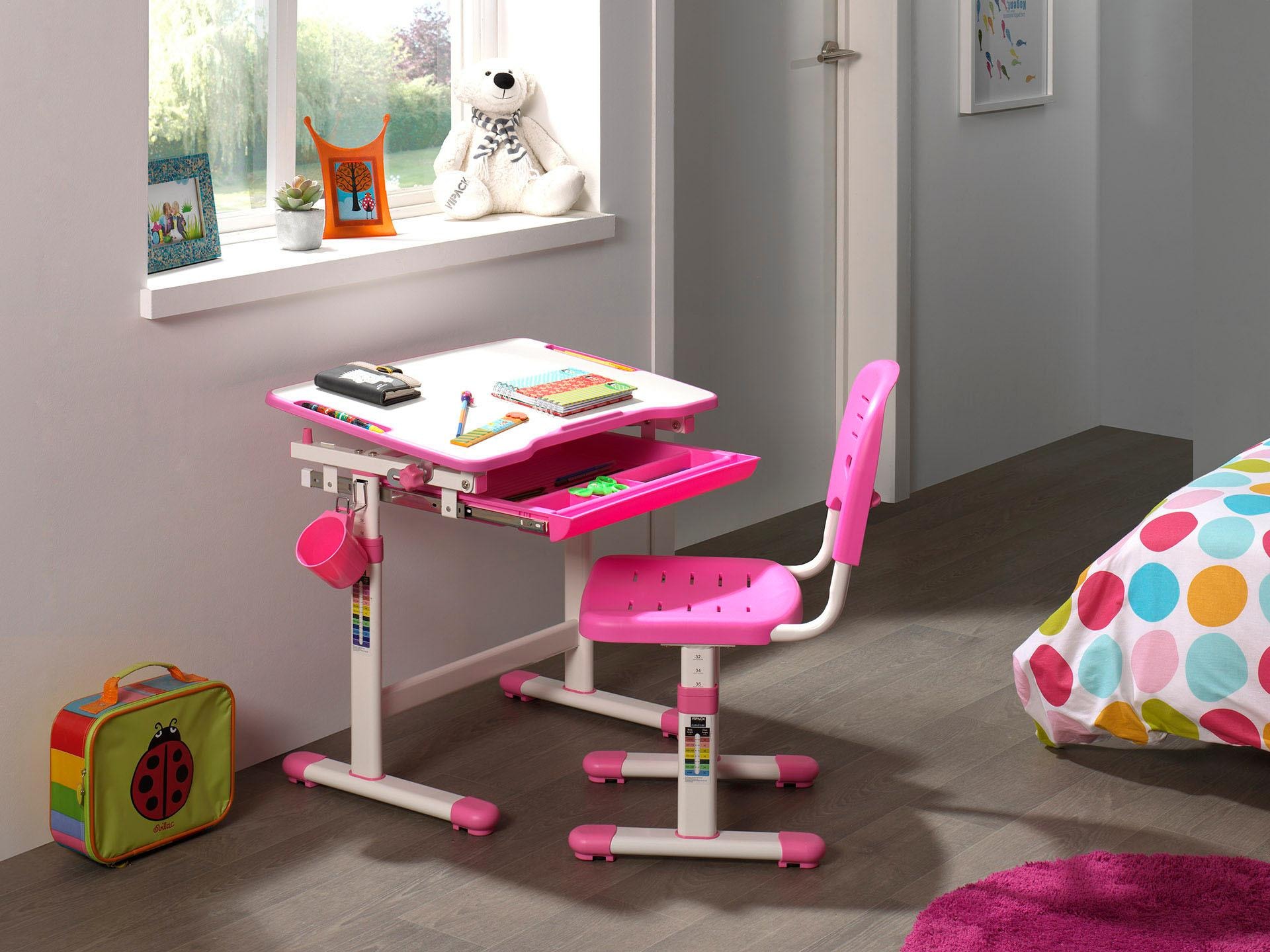 Vipack Kinderschreibtisch »Comfortline«, (Set, mit Stuhl), Schülerschreibtsich, ergenomisch höhenverstellbar, mit Stauraumfach