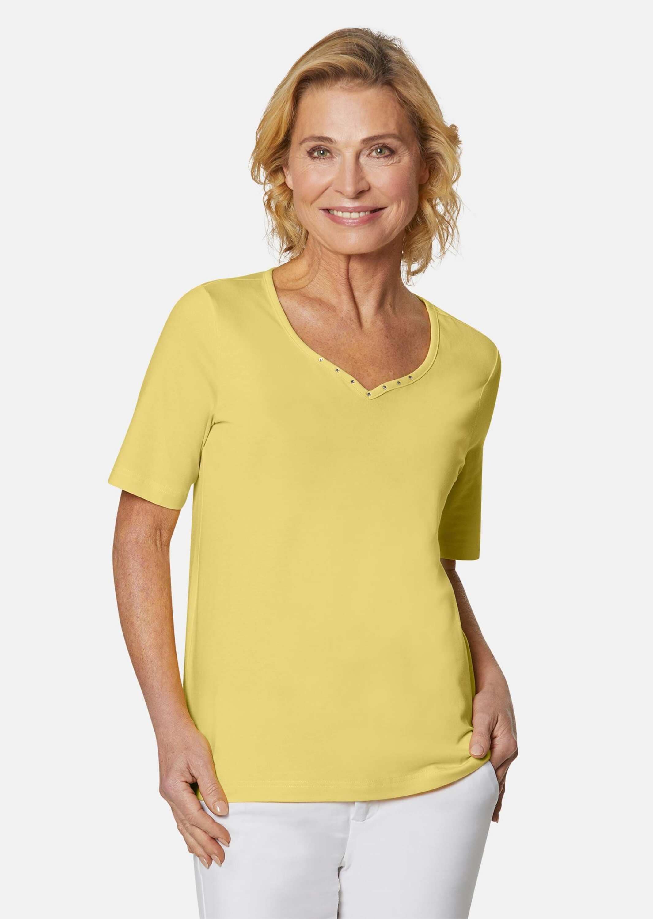 GOLDNER Langarm-Poloshirt »Kurzgröße T-Shirt mit charmantem Ausschnitt und Schmucksteinchen«