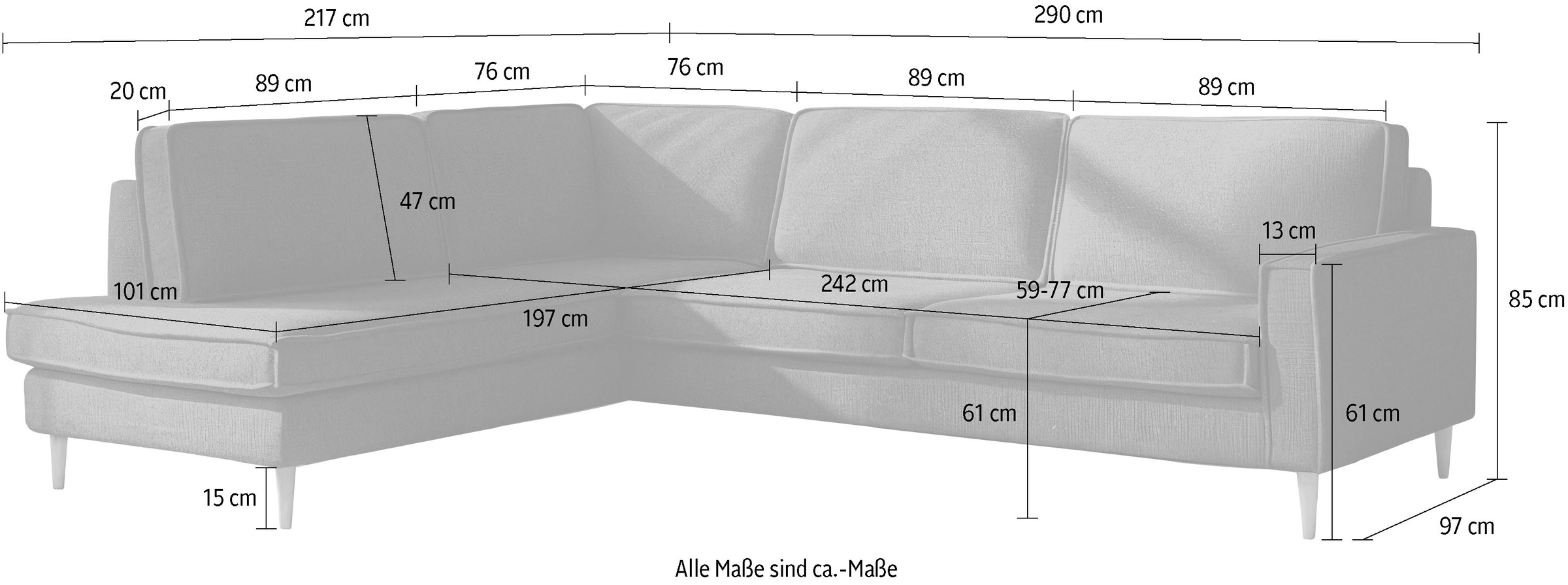 Home affaire Ecksofa »Pinto Skandi, 290 cm, Chenille, Struktur, Ottomane links / rechts« mit Keder, Massivholzfüße Eiche geräuchert, Wellenunterfederung