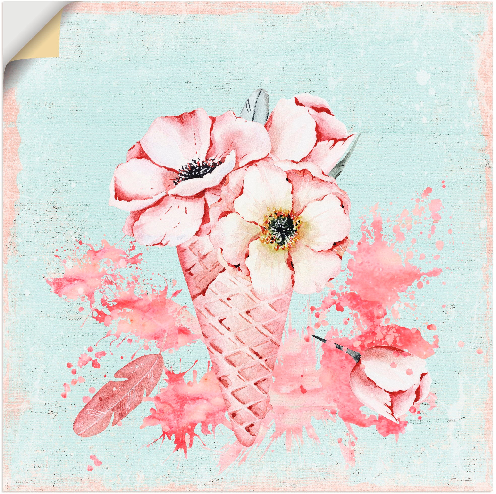Artland Wandbild »Sommer Blumen Eis Illustration«, Süßspeisen, (1 St.), in vielen Größen & Produktarten - Alubild / Outdoorbild für den Außenbereich, Leinwandbild, Poster, Wandaufkleber / Wandtattoo auch für Badezimmer geeignet