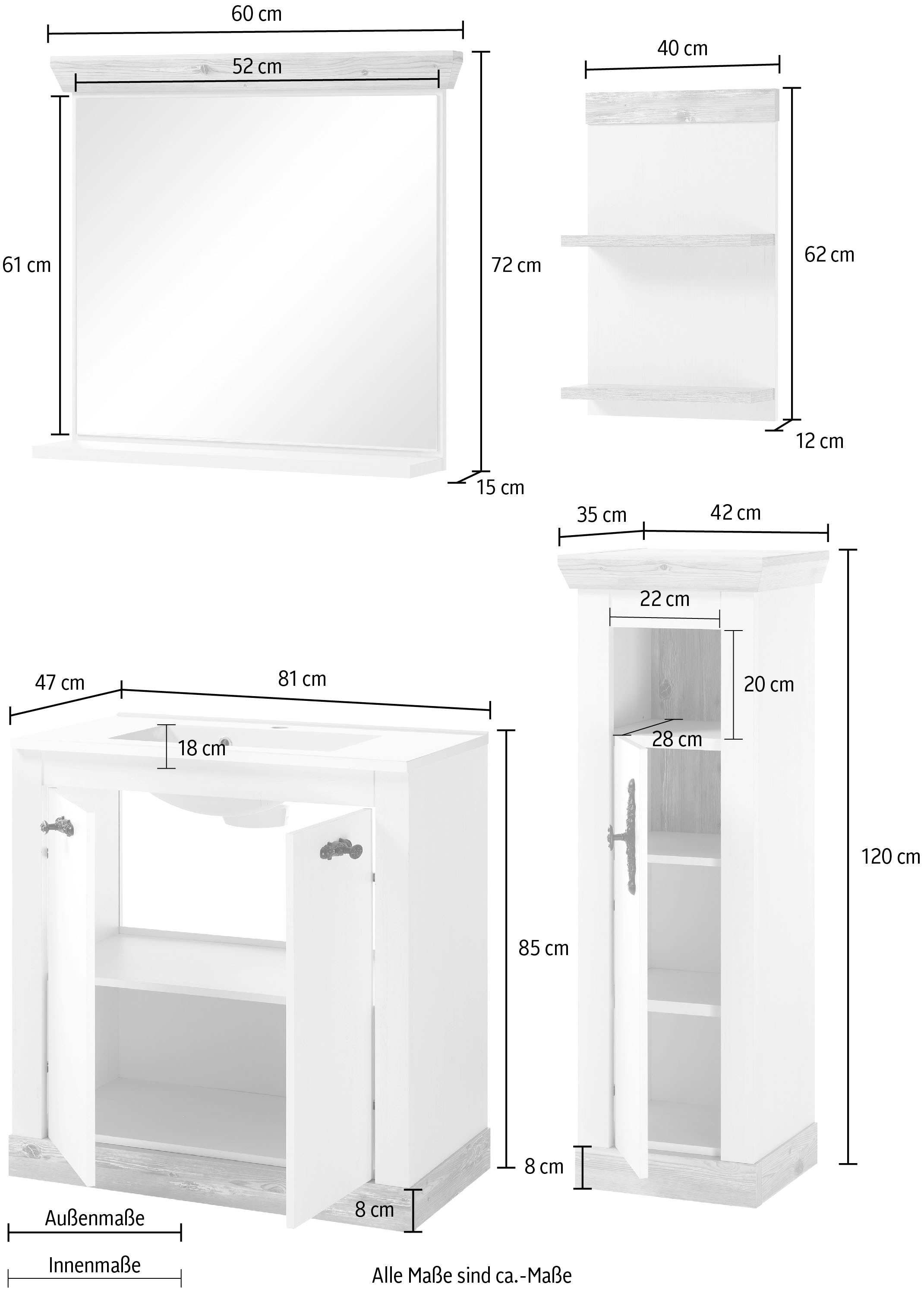 Home affaire Badmöbel-Set »Florenz, Bad im Landhausstil, 4-teiliges Badezimmer«, (4 St.), Waschtisch, Schrank, Wandregal und Spiegel, in Pinie Weiß, Stauraum