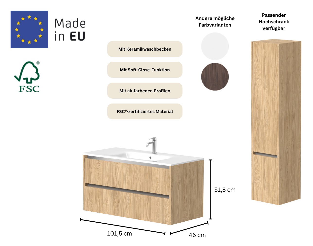welltime Waschtisch »City, Badmöbel, Badkommode, Badschrank, in verschiedenen Breiten« B/T/H: 81,5/46/51,5 cm,  mit Soft-Close-Funktion, inklusive Waschbecken, FSC® zertifiziert