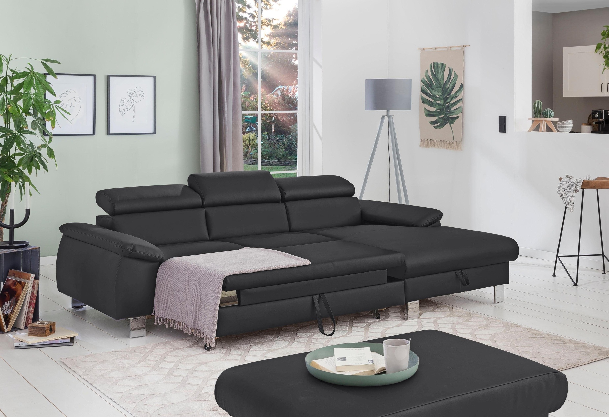 COTTA Polstergarnitur »Komaris L-Form, B: 242 bzw. 100 cm (Set: Ecksofa & Hocker)«, (Set), mit Kopfteilverstellung, optional Bettfunktion, Bettkasten & Licht