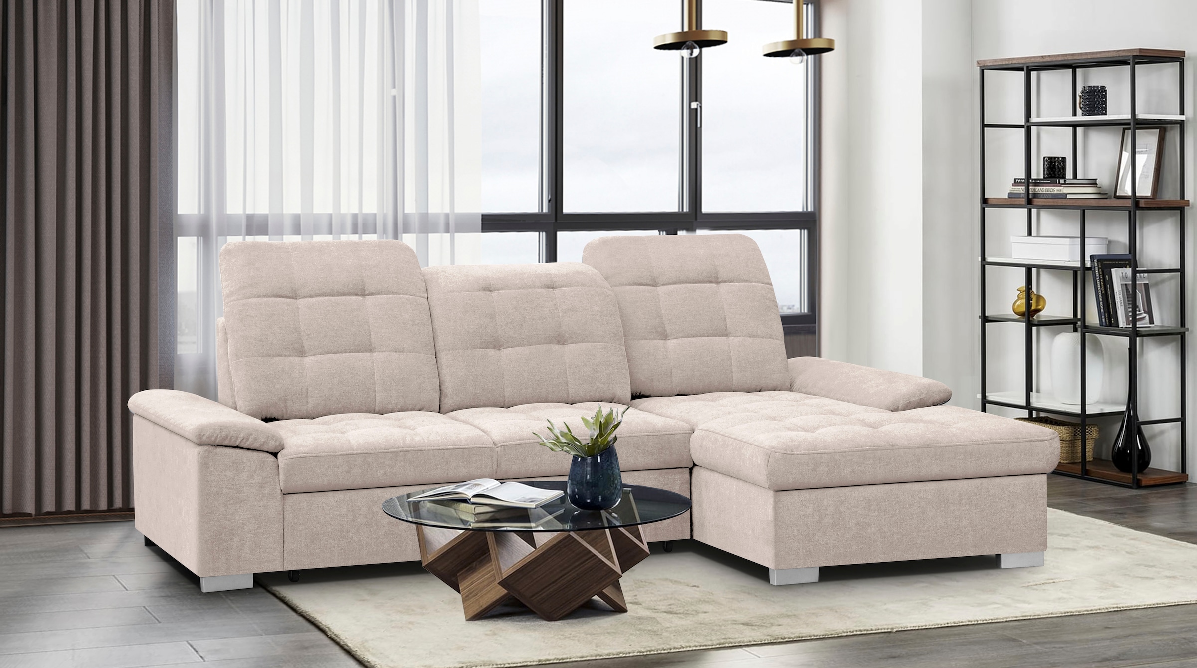 WERK2 Ecksofa »Carmen Bett+Bettkasten, Kopfstütze verst., Sitztiefe optional verst.« L-Form Sofa, Struktur weich, creme