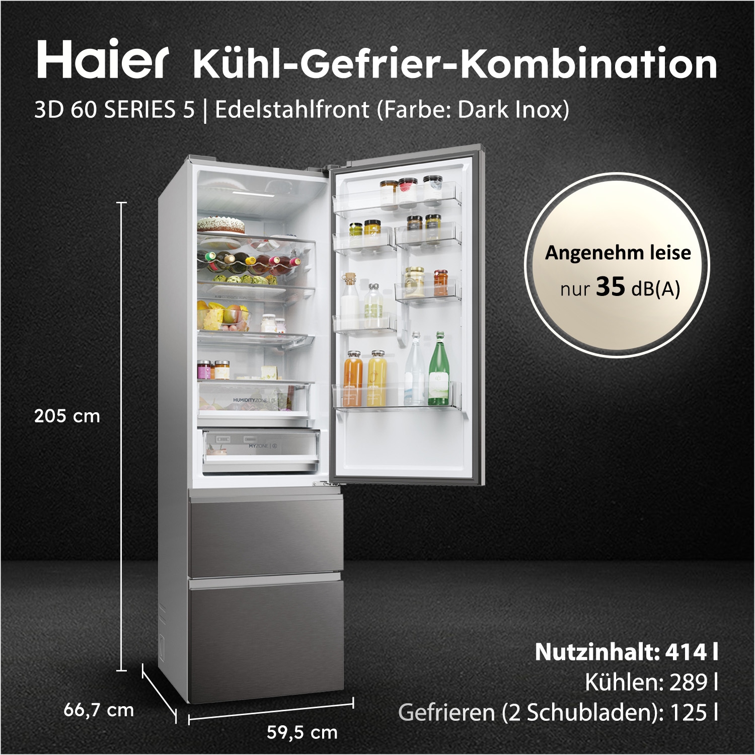 Haier Kühl-/Gefrierkombination 3D 60 SERIES 5 »HTW5620CNMP« 205 cm hoch 59,5 cm breit Humidity Zone: Obst, Gemüse und Salat 2x länger frisch halten