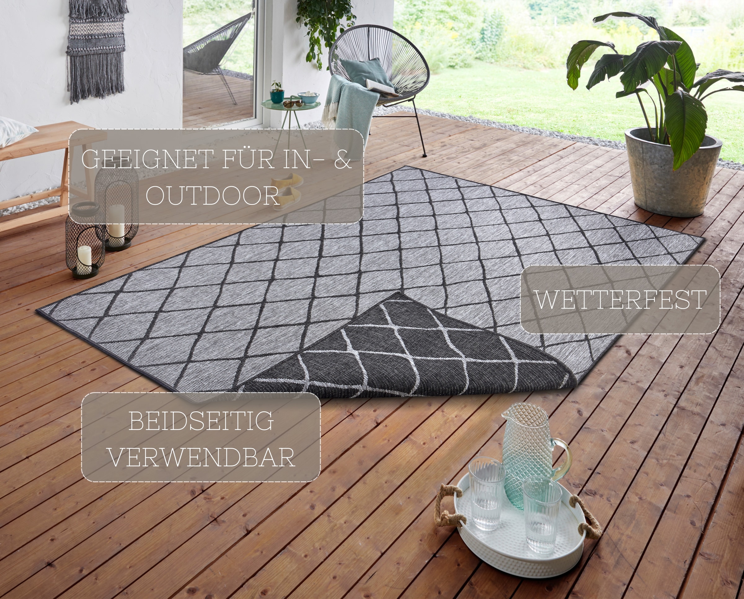NORTHRUGS Teppich »Malaga Wendeteppich«, rechteckig, 5 mm Höhe, In-& Outdoor, Wetterfest, Balkon, Läufer, Wohnzimmer, Wasserfest