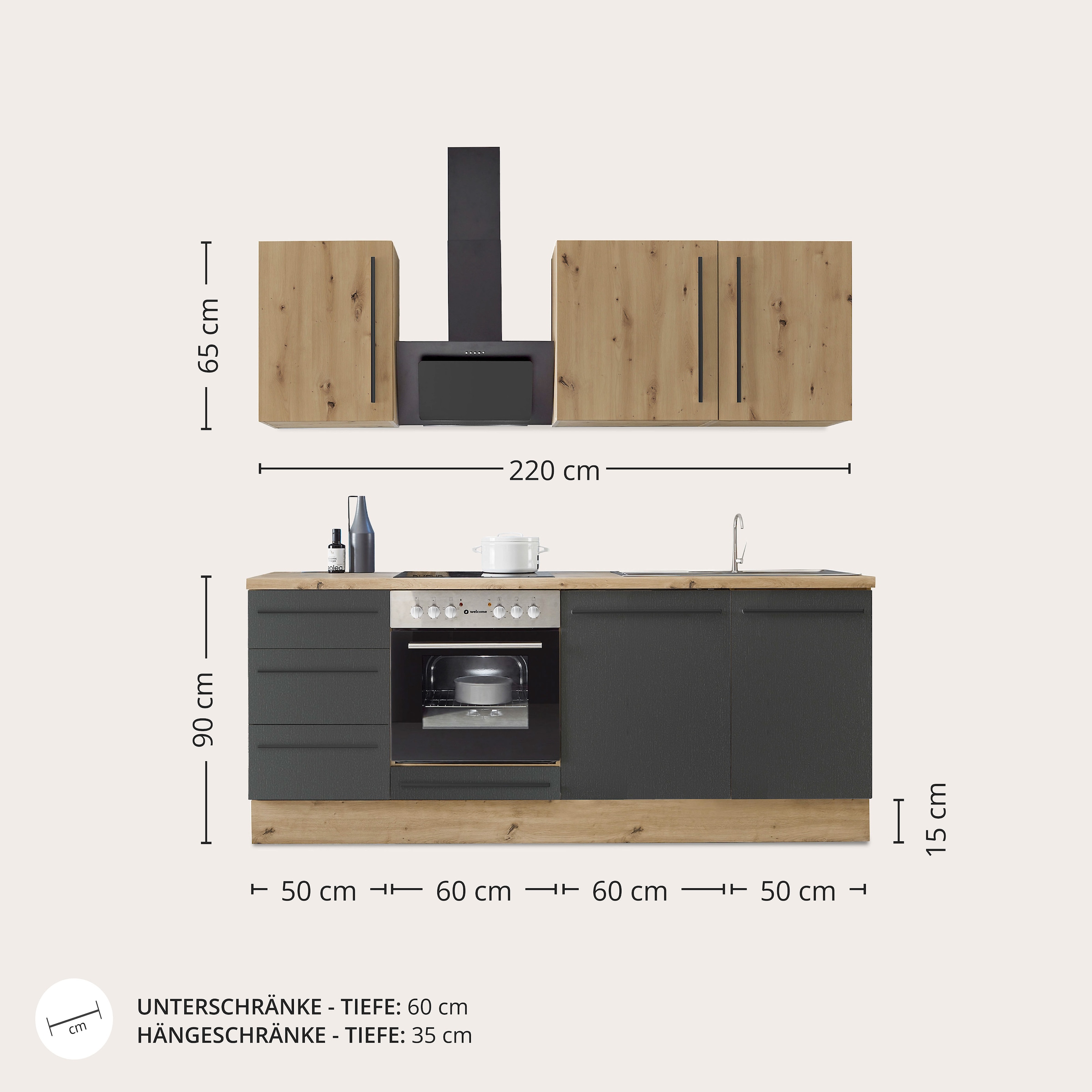 KOCHSTATION Küchenzeile »KS-Florida mit 38mm starker Arbeitsplatte«, Breite 220 cm, wahlweise mit E-Geräten, Soft-Close-Funktion