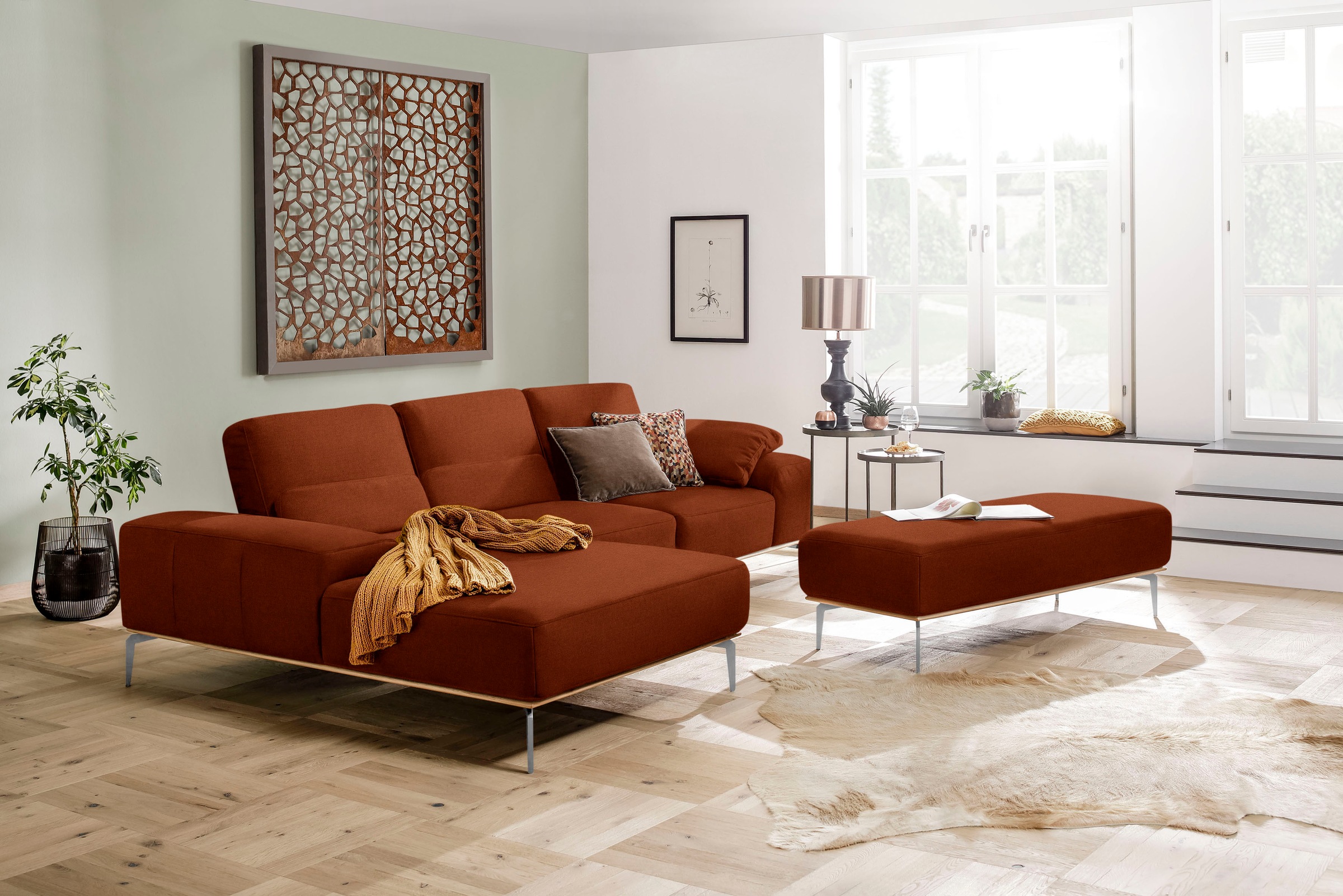 W.SCHILLIG Polsterhocker »run«, mit elegantem Holzsockel, Füße in Chrom glänzend, Breite 150 cm