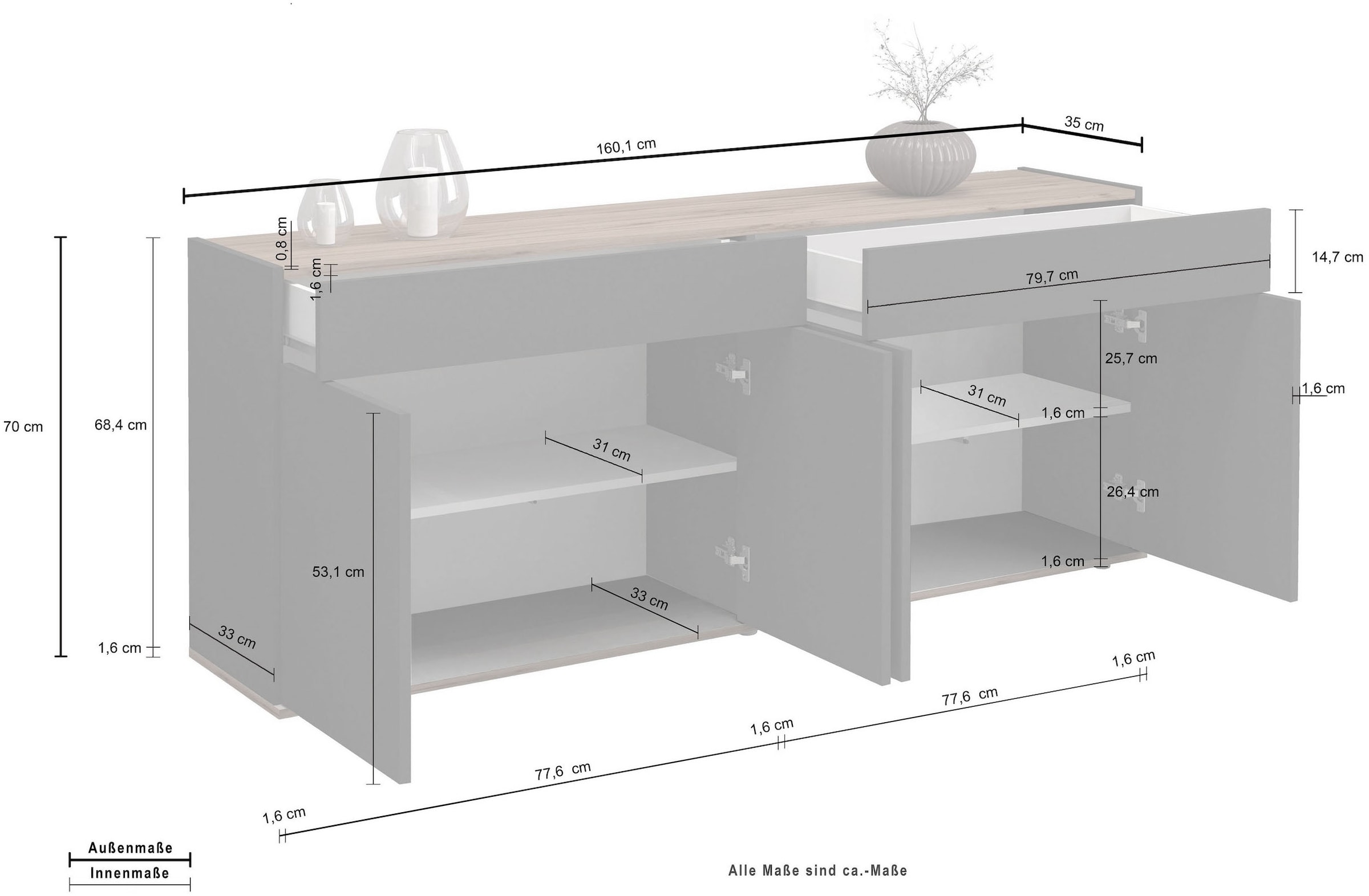 INOSIGN Sideboard »Garda, Kommode, Schrank, Kredenz«, 4 Türen, 2 Schubladen, grifflos Breite 160,1 cm