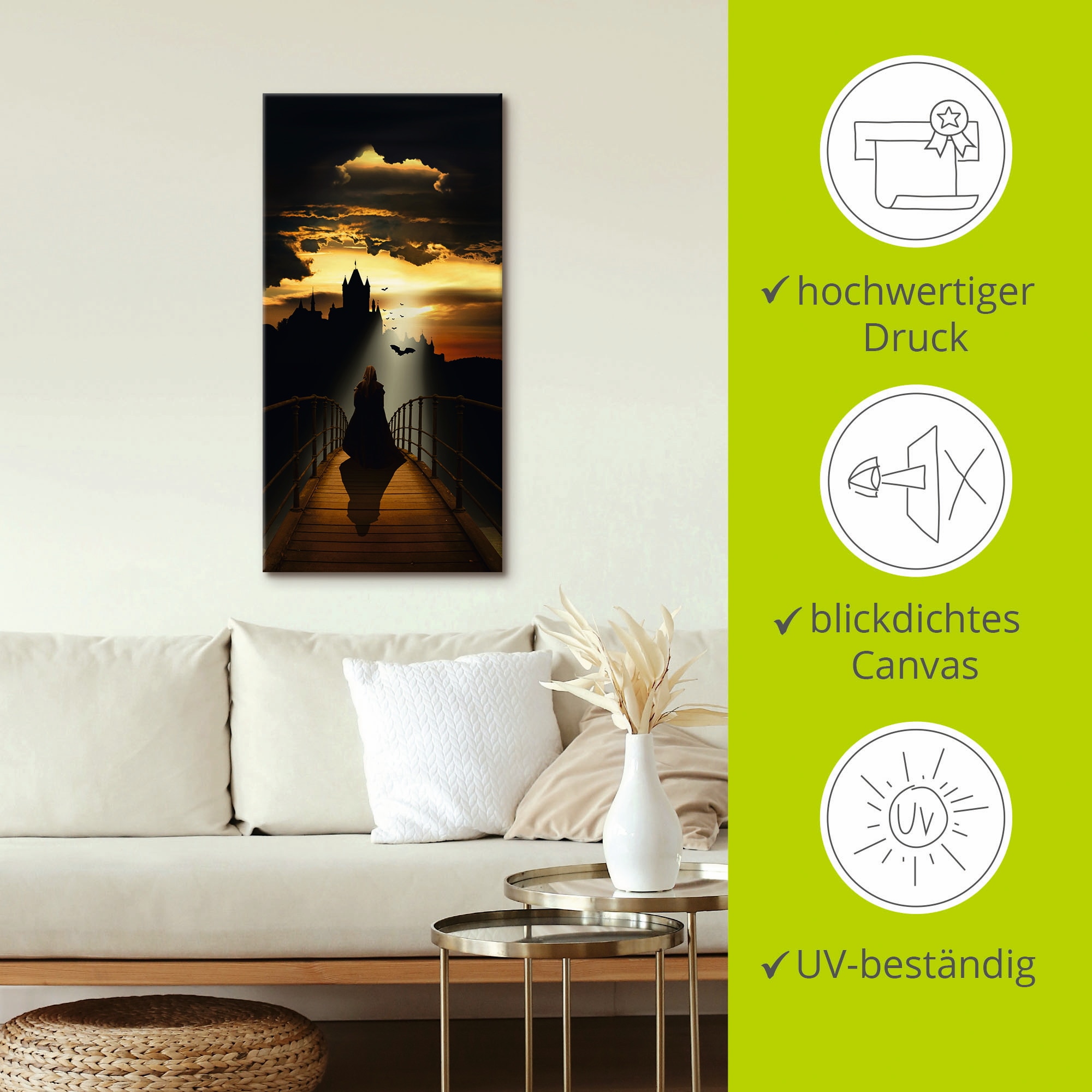 Artland Wandbild »Der Mönch auf dem Weg zur Burg«, Dark Fantasy, (1 St.), als Leinwandbild, Poster in verschied. Größen